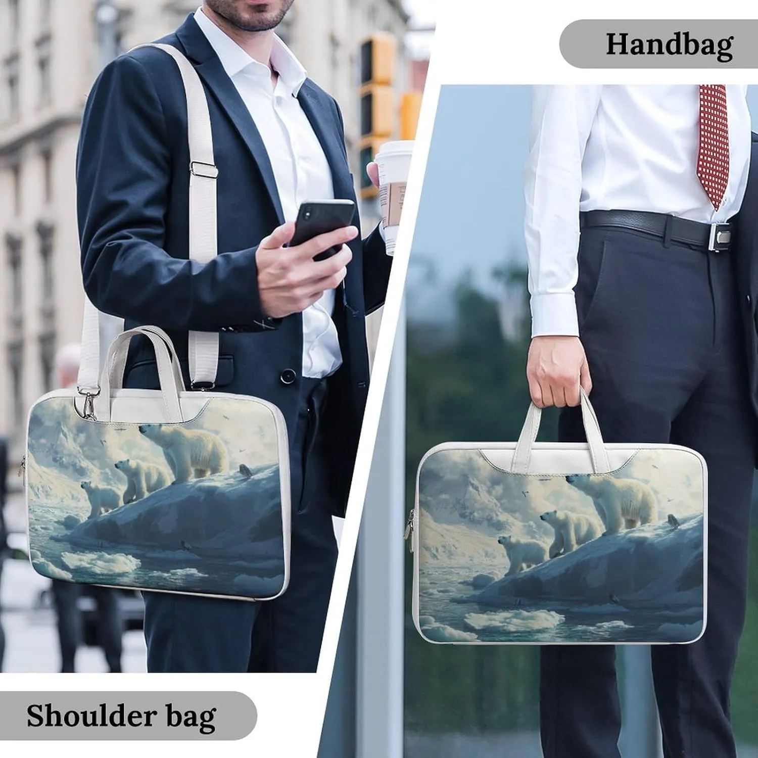Polar Bears Ice Floes Arctic Ocean Leather Bag Laptop Case Slim Water Resistant Computer Bags with Handle Briefcase for Work
