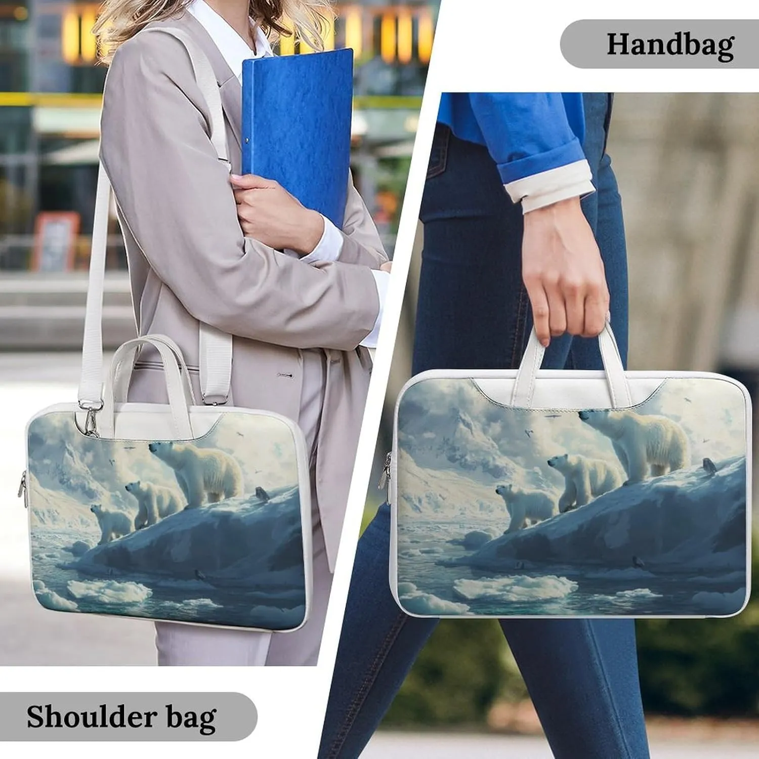 Polar Bears Ice Floes Arctic Ocean Leather Bag Laptop Case Slim Water Resistant Computer Bags with Handle Briefcase for Work