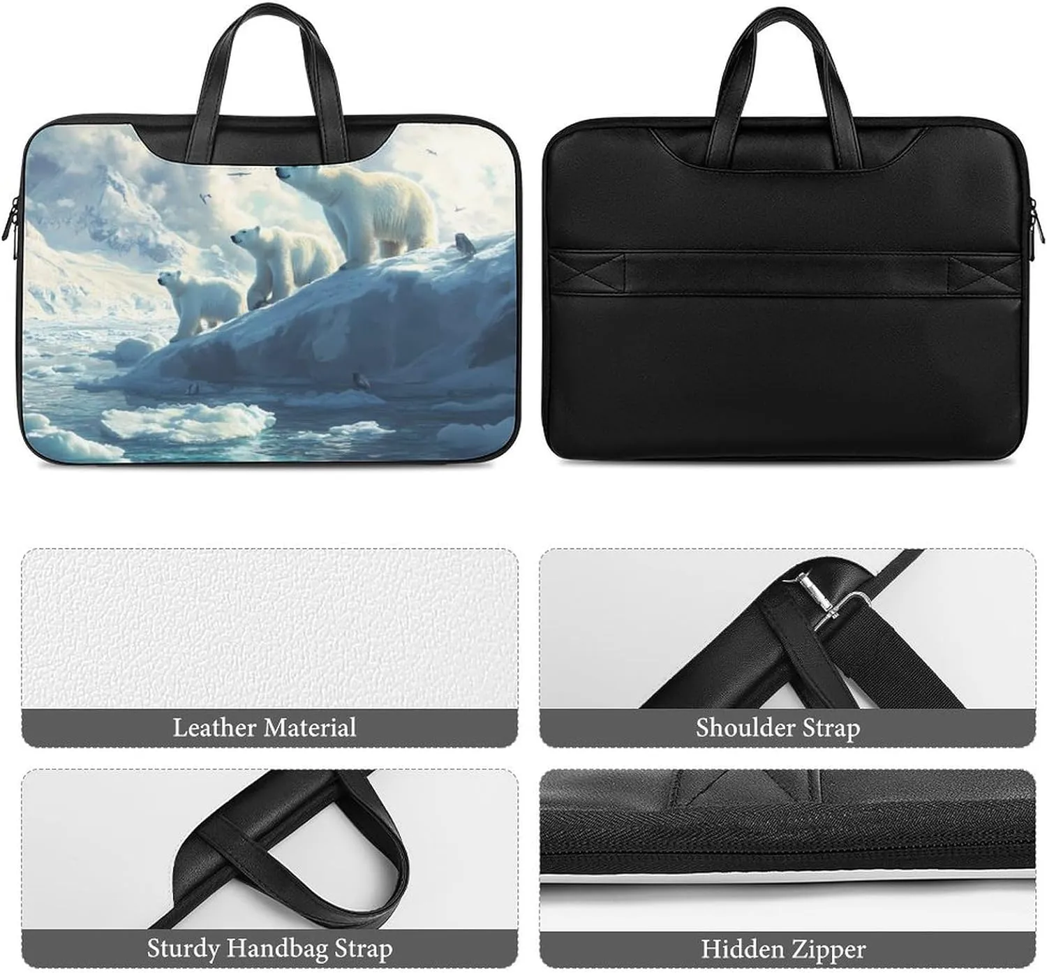Polar Bears Ice Floes Arctic Ocean Leather Bag Laptop Case Slim Water Resistant Computer Bags with Handle Briefcase for Work
