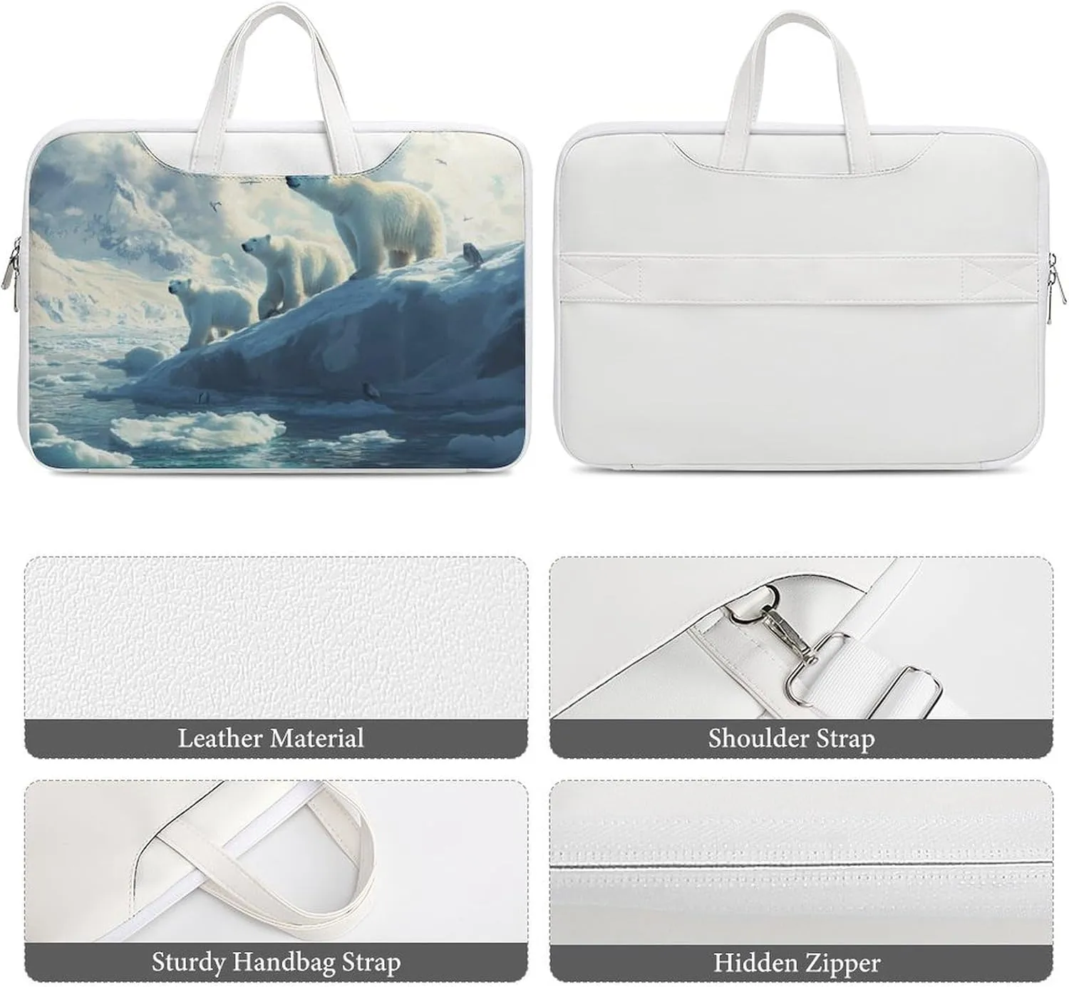 Polar Bears Ice Floes Arctic Ocean Leather Bag Laptop Case Slim Water Resistant Computer Bags with Handle Briefcase for Work
