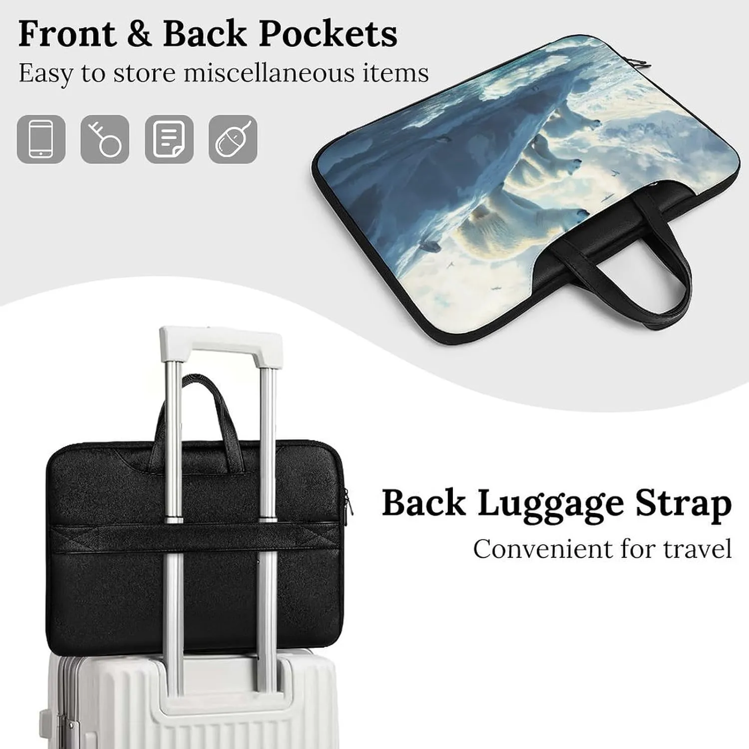 Polar Bears Ice Floes Arctic Ocean Leather Bag Laptop Case Slim Water Resistant Computer Bags with Handle Briefcase for Work