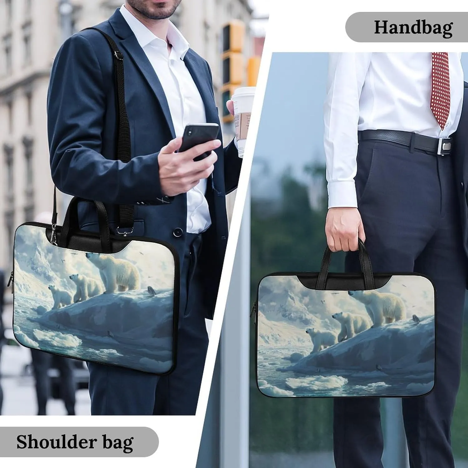 Polar Bears Ice Floes Arctic Ocean Leather Bag Laptop Case Slim Water Resistant Computer Bags with Handle Briefcase for Work
