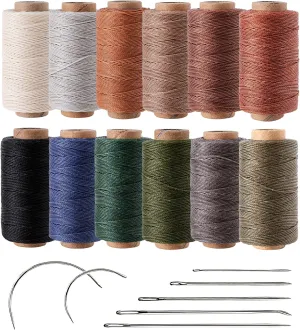 Polyester Round Waxed Thread 0.55mm, 12 Neutral Colors 76 Yards/Spool Wax Coated String Thin Cord for Leather Upholstery Sewing, Stitching, Bookbinding, Beading, Micro Knotting and Braiding