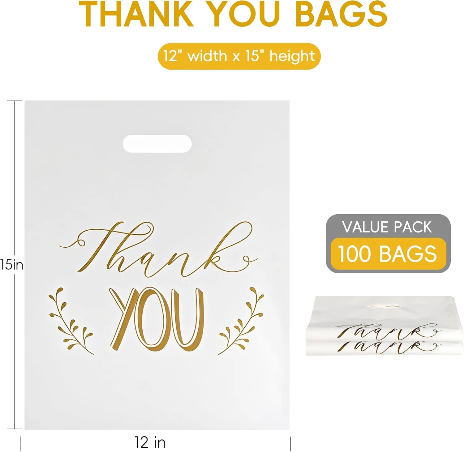POPGIFTU Thank You Bags for Business Small - 12"x15" White Retail Plastic Shopping Bags with Die Cut Handle, 100 Pack - Perfect for Boutique, Clothing Stores, Gifts, Trade Shows, Wholesale