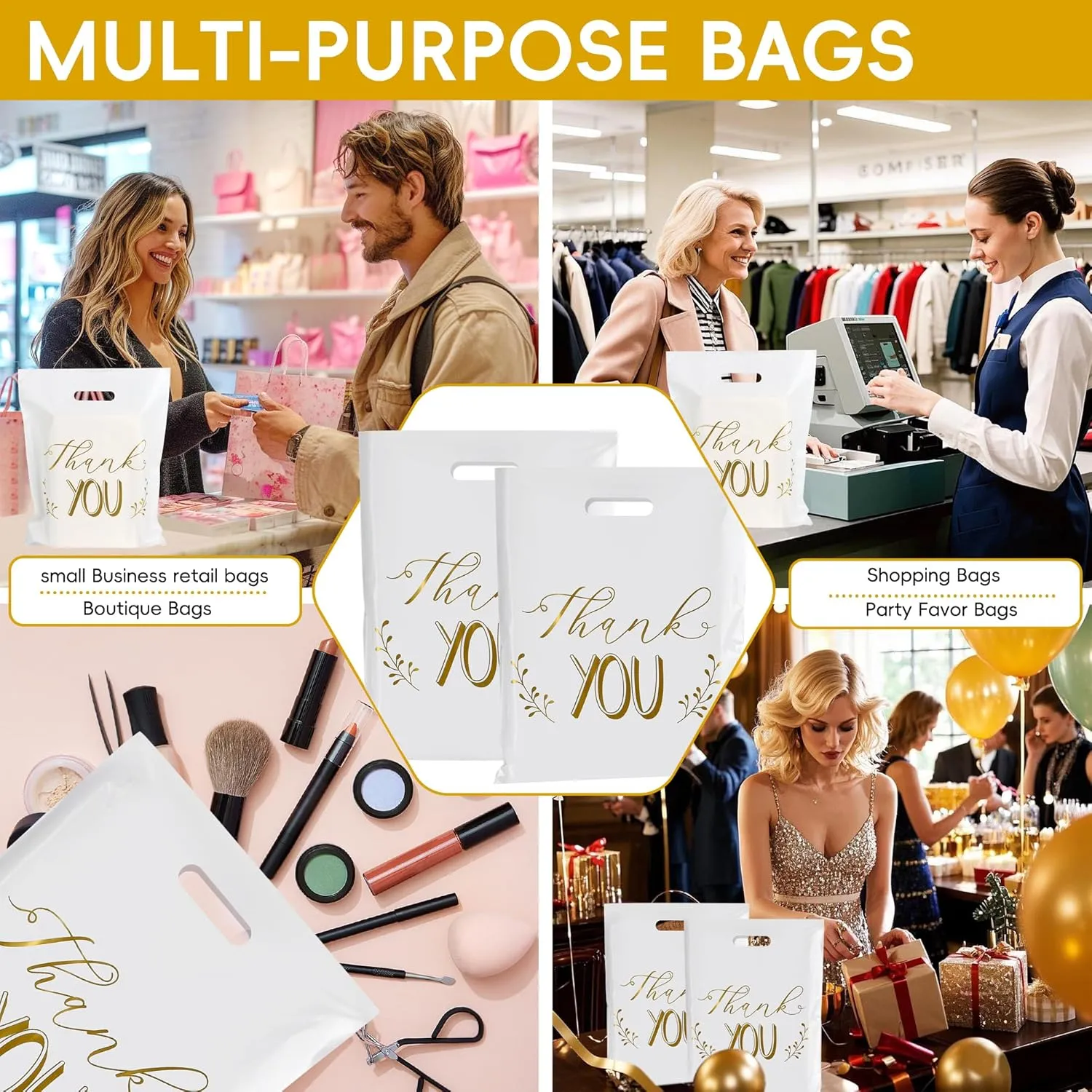POPGIFTU Thank You Bags for Business Small - 12"x15" White Retail Plastic Shopping Bags with Die Cut Handle, 100 Pack - Perfect for Boutique, Clothing Stores, Gifts, Trade Shows, Wholesale