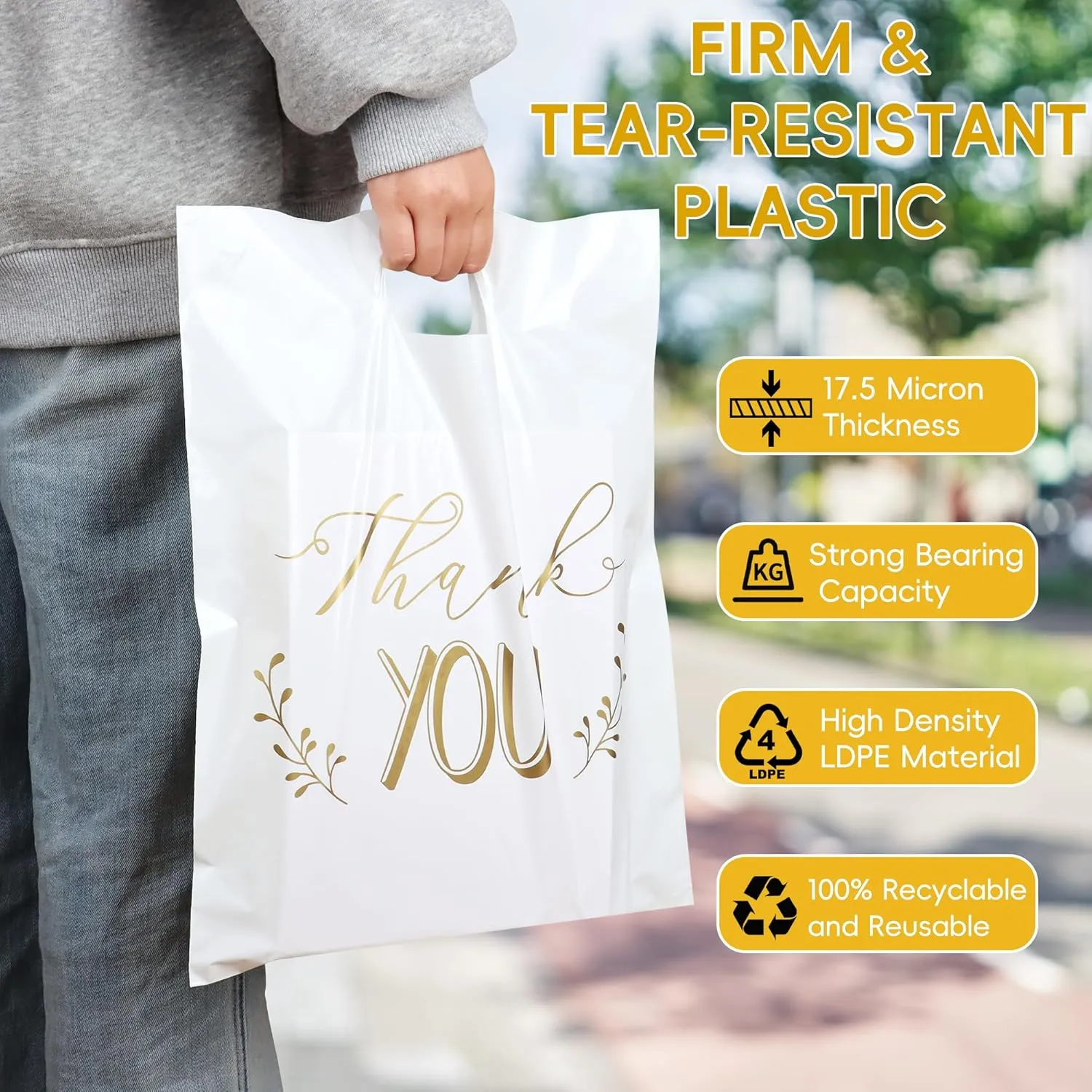 POPGIFTU Thank You Bags for Business Small - 12"x15" White Retail Plastic Shopping Bags with Die Cut Handle, 100 Pack - Perfect for Boutique, Clothing Stores, Gifts, Trade Shows, Wholesale