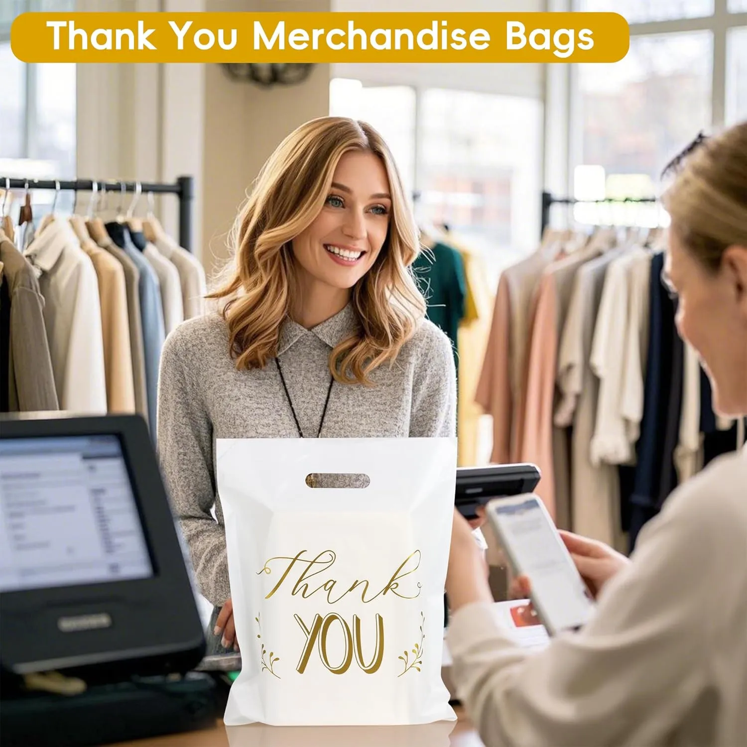 POPGIFTU Thank You Bags for Business Small - 12"x15" White Retail Plastic Shopping Bags with Die Cut Handle, 100 Pack - Perfect for Boutique, Clothing Stores, Gifts, Trade Shows, Wholesale