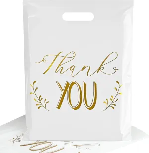 POPGIFTU Thank You Bags for Business Small - 12"x15" White Retail Plastic Shopping Bags with Die Cut Handle, 100 Pack - Perfect for Boutique, Clothing Stores, Gifts, Trade Shows, Wholesale