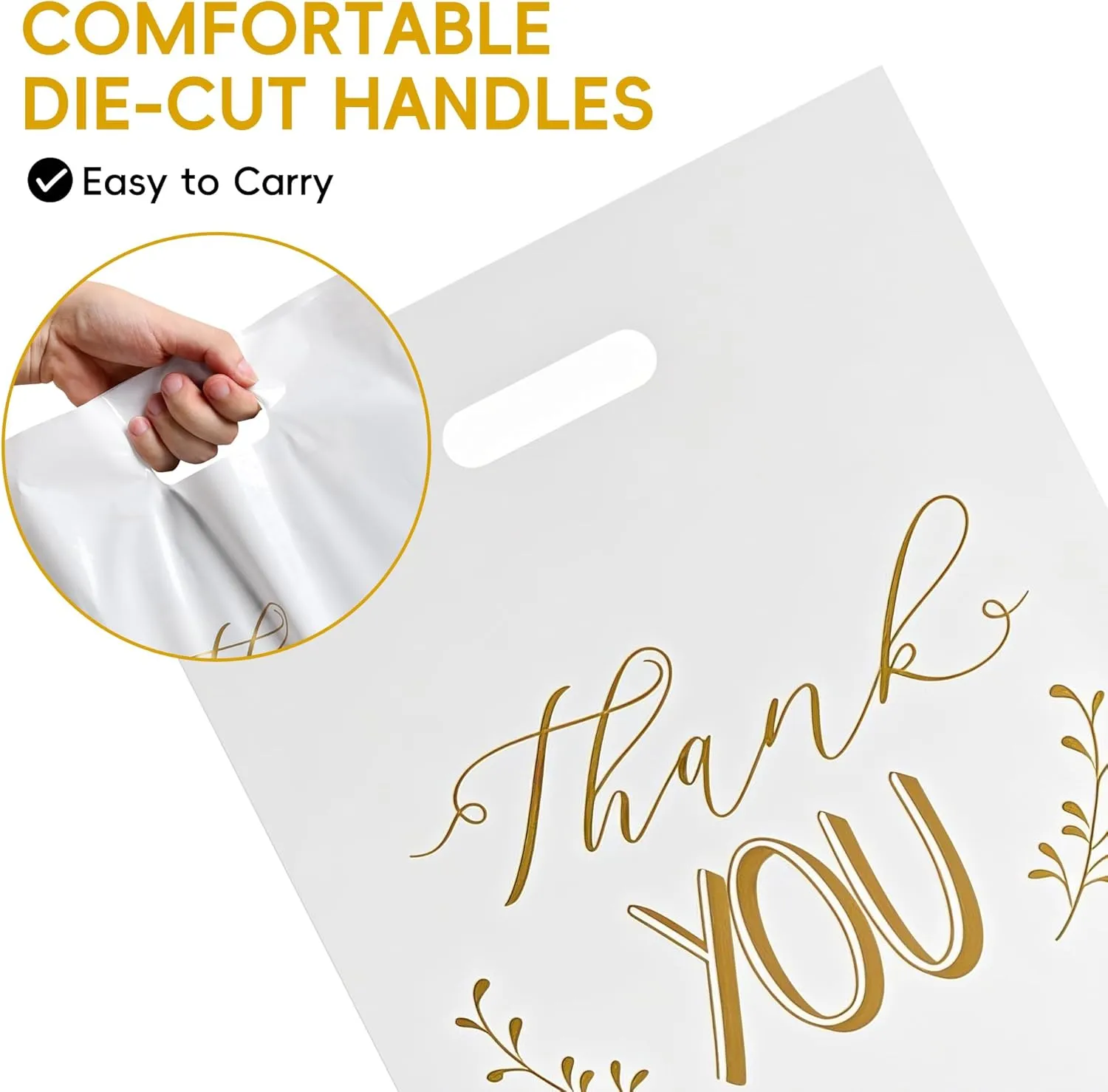 POPGIFTU Thank You Bags for Business Small - 12"x15" White Retail Plastic Shopping Bags with Die Cut Handle, 100 Pack - Perfect for Boutique, Clothing Stores, Gifts, Trade Shows, Wholesale