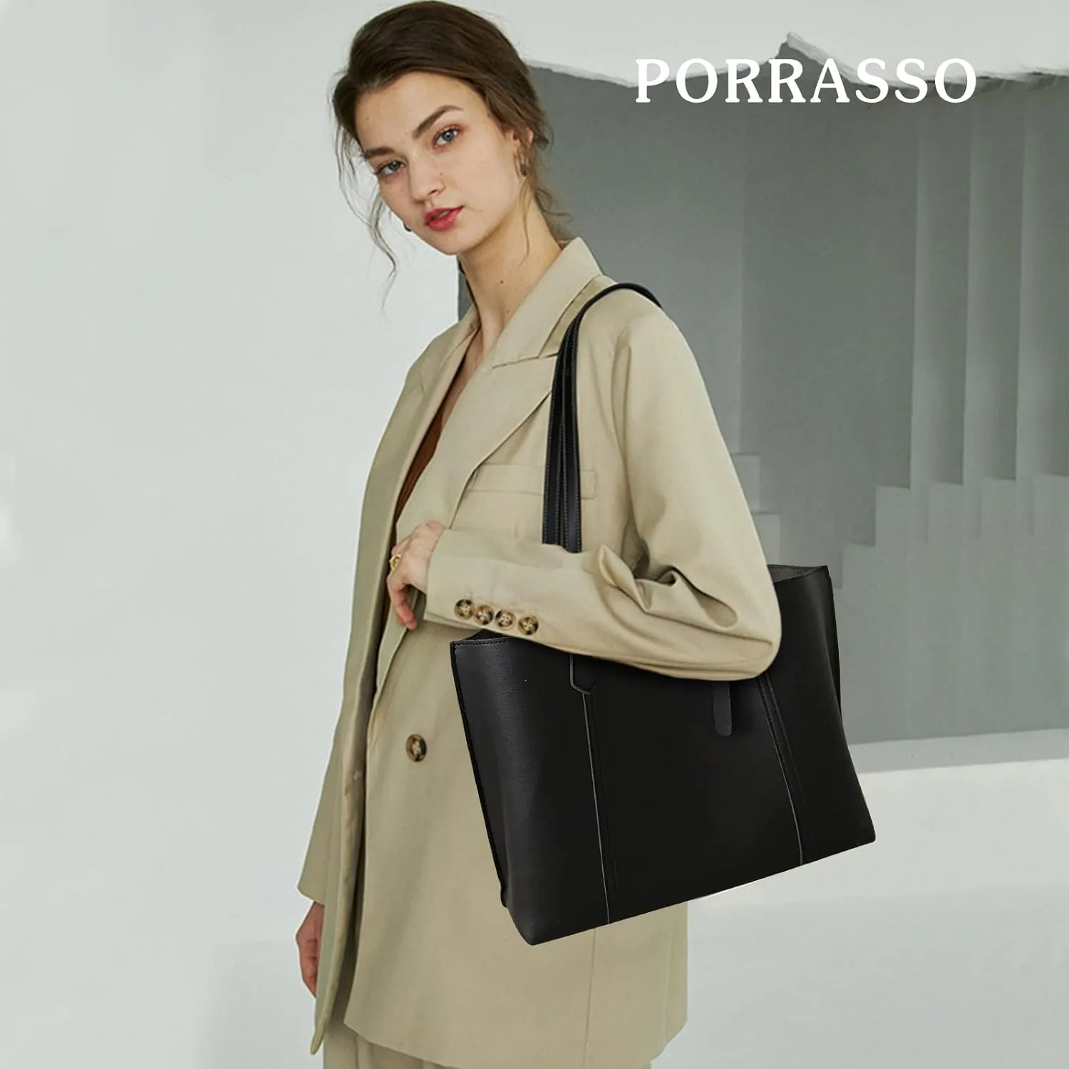 PORRASSO Women's Tote Handbag - Large Fashion PU Leather Top-Handle Bag for Work, Travel & Shopping - Black