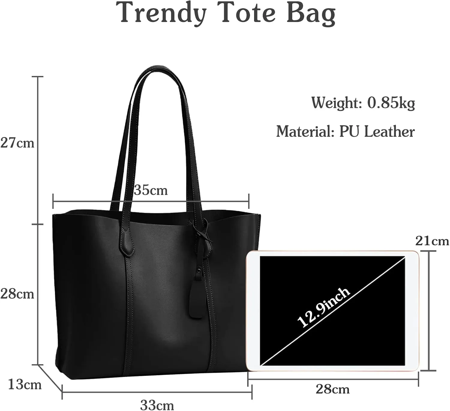 PORRASSO Women's Tote Handbag - Large Fashion PU Leather Top-Handle Bag for Work, Travel & Shopping - Black