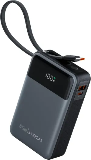 Portable Charger with USB C Cable, 20000mAh 65W Fast Charging,Laptop Portable Charger High Capacity Power Bank, Digital Display,3-Port Battery Pack for MacBook, iPad, iPhone 16/15Series, Samsung.etc.