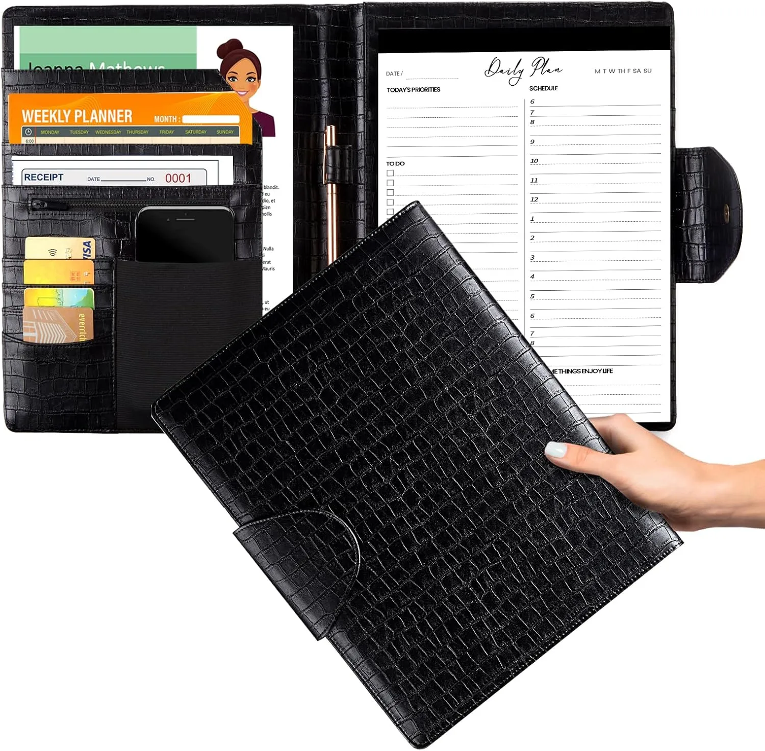 Portfolio Folder Padfolio with Writing-Notepad - Stylish Crocodile Leather Portfolio with Tablet Sleeve, Phone Pocket & Business Card Holder, Conference File Folder Organizer Padfolio for Women/Men