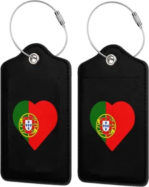Portugal Flag Heart Leather Baggage Bag Luggage Tags with Stainless Steel Loop and Privacy Cover