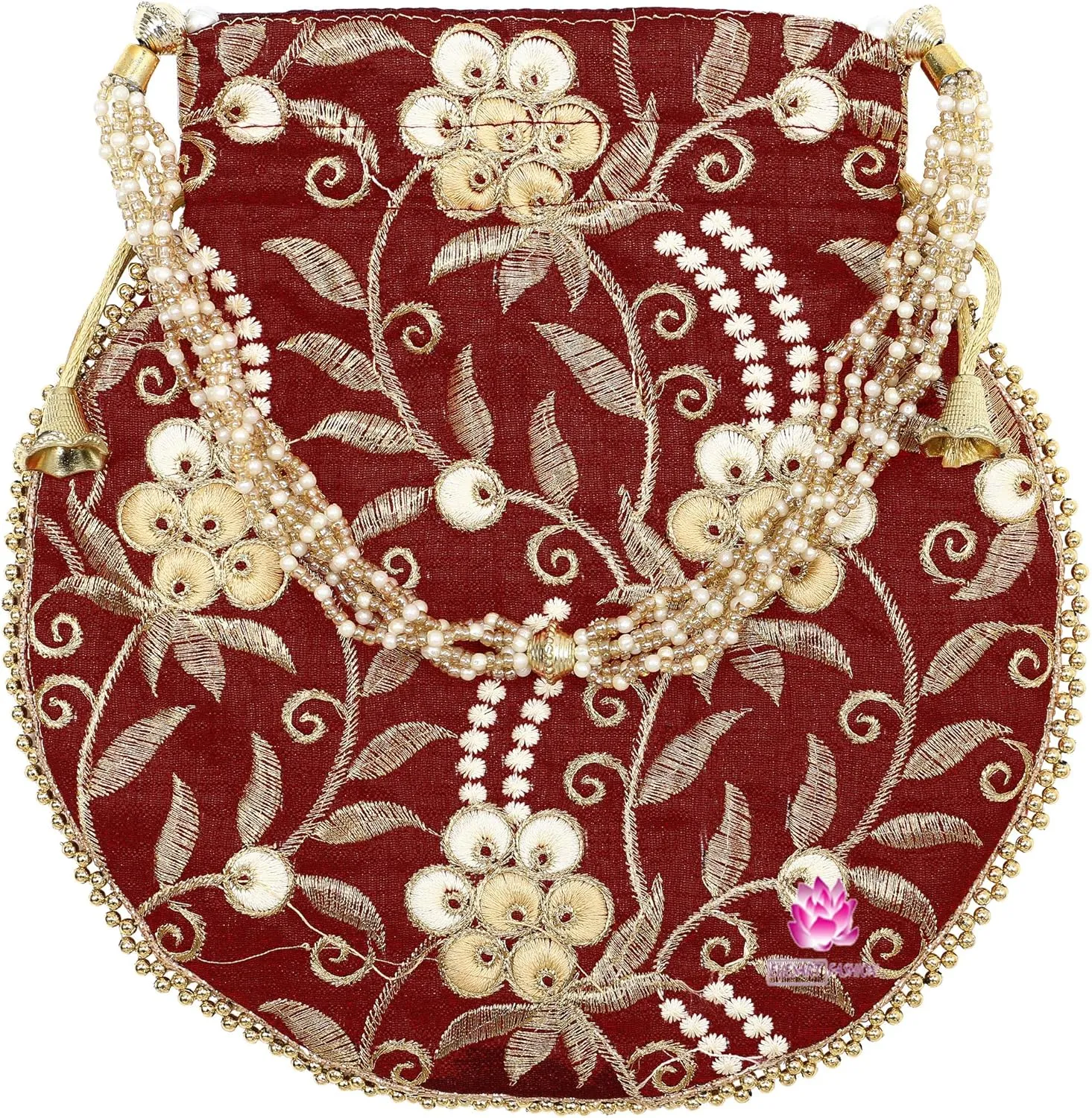 Potli Bag for Women Ethnic Gold, Pearl Handle Floral Accents, Drawstring Closure Pearls Handle Batwa Clutch Purse