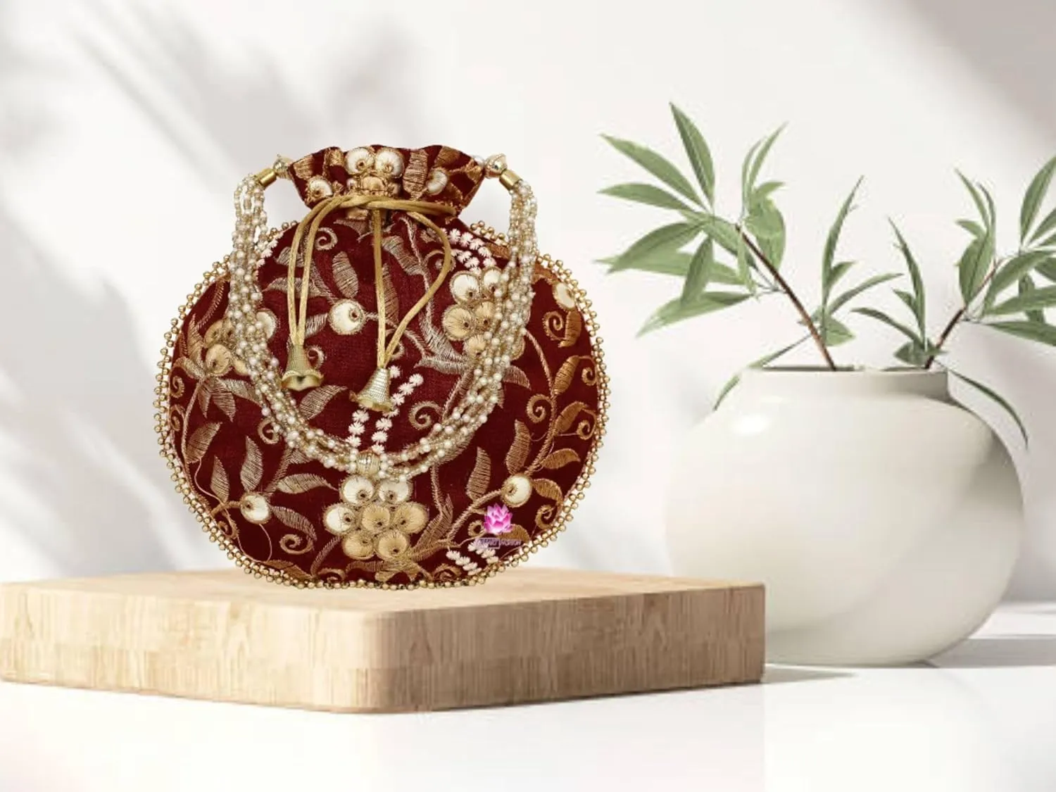 Potli Bag for Women Ethnic Gold, Pearl Handle Floral Accents, Drawstring Closure Pearls Handle Batwa Clutch Purse
