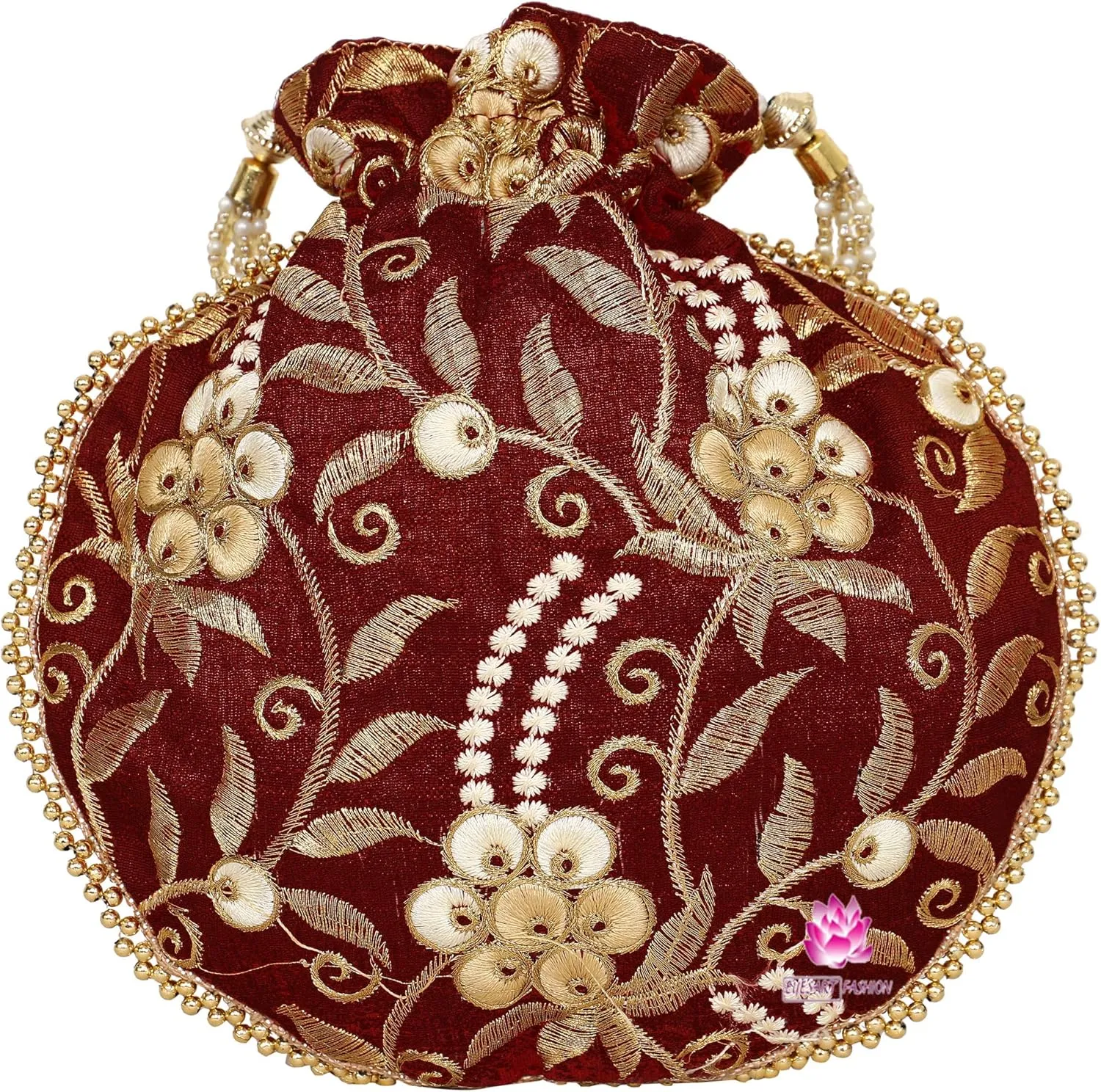 Potli Bag for Women Ethnic Gold, Pearl Handle Floral Accents, Drawstring Closure Pearls Handle Batwa Clutch Purse