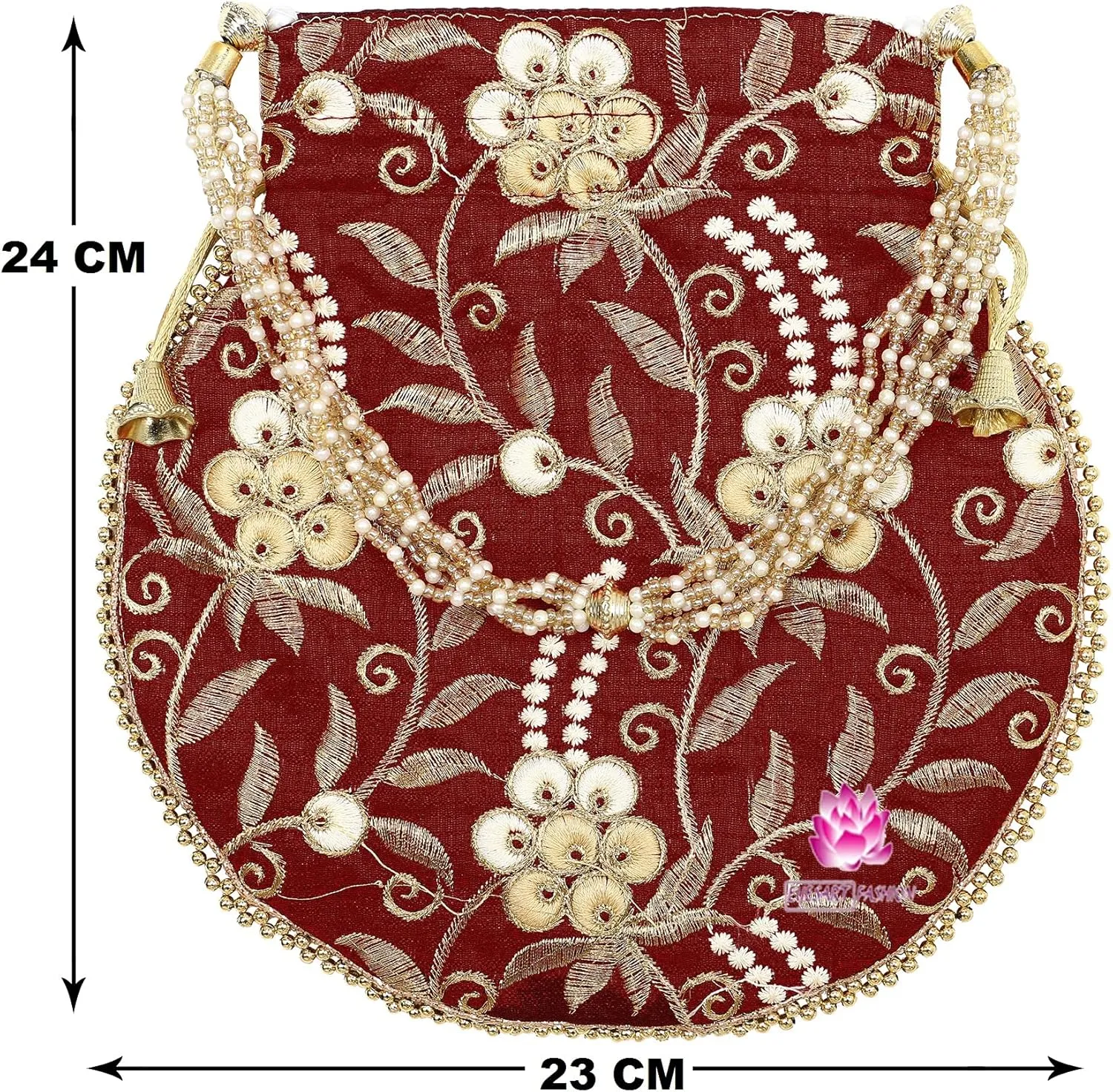 Potli Bag for Women Ethnic Gold, Pearl Handle Floral Accents, Drawstring Closure Pearls Handle Batwa Clutch Purse