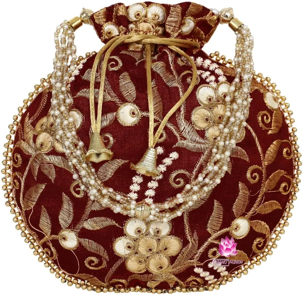 Potli Bag for Women Ethnic Gold, Pearl Handle Floral Accents, Drawstring Closure Pearls Handle Batwa Clutch Purse