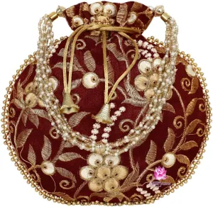 Potli Bag for Women Ethnic Gold, Pearl Handle Floral Accents, Drawstring Closure Pearls Handle Batwa Clutch Purse