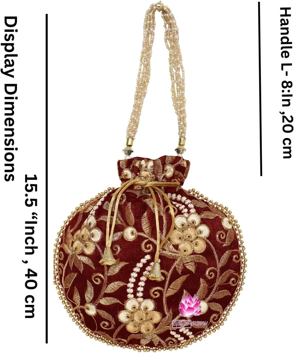 Potli Bag for Women Ethnic Gold, Pearl Handle Floral Accents, Drawstring Closure Pearls Handle Batwa Clutch Purse