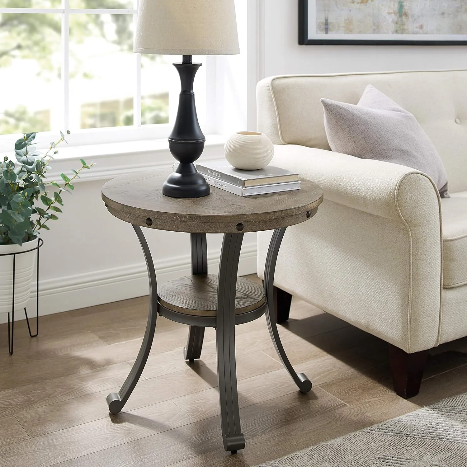 Powell Pewter Metal and Rustic Wood Side Table Franklin Dining