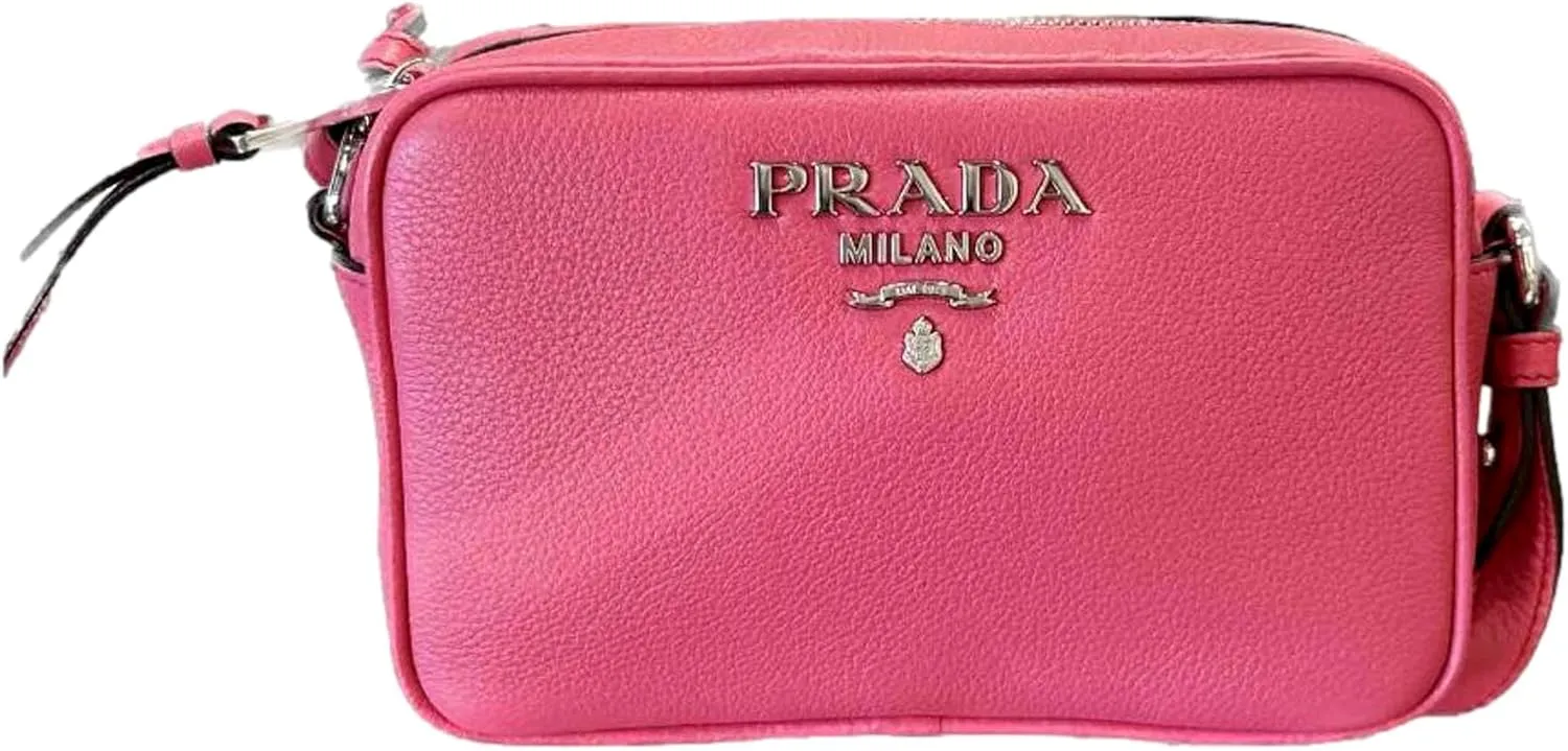 Prada Vitello Phenix Pink Leather Silver Logo Small Camera Crossbody Bag