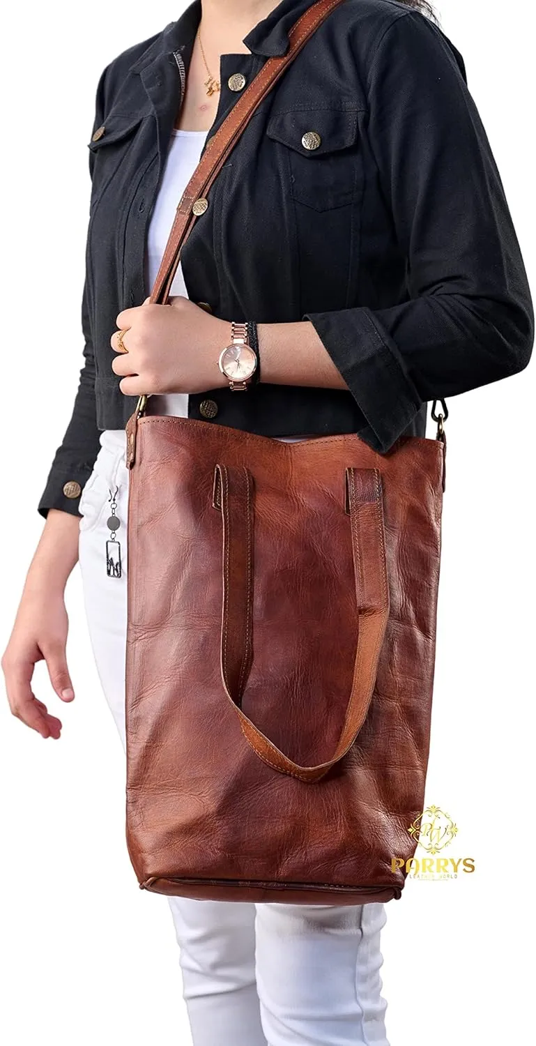 Premium Double Handel with Deatacheable Shoulder Strap Multi Compartment Magnetic Closure Leather Tote Shoulder Bag for Women, Dark Brown