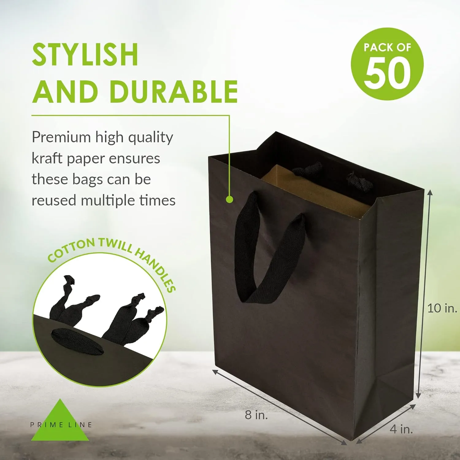 Prime Line Packaging Black Gift Bags with Handles, Kraft Shopping Tote for Small Business, Boutique, Retail, Guest, Merchandise, Bulk, 8x4x10 50 Pack