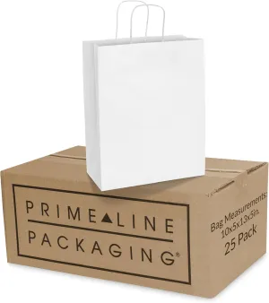 Prime Line Packaging White Gift Bags with Handles, Medium Shopping Bags for Small Business, Boutiques, Merchandise, Party Favors, Bulk, 10x5x13, 25 Pack