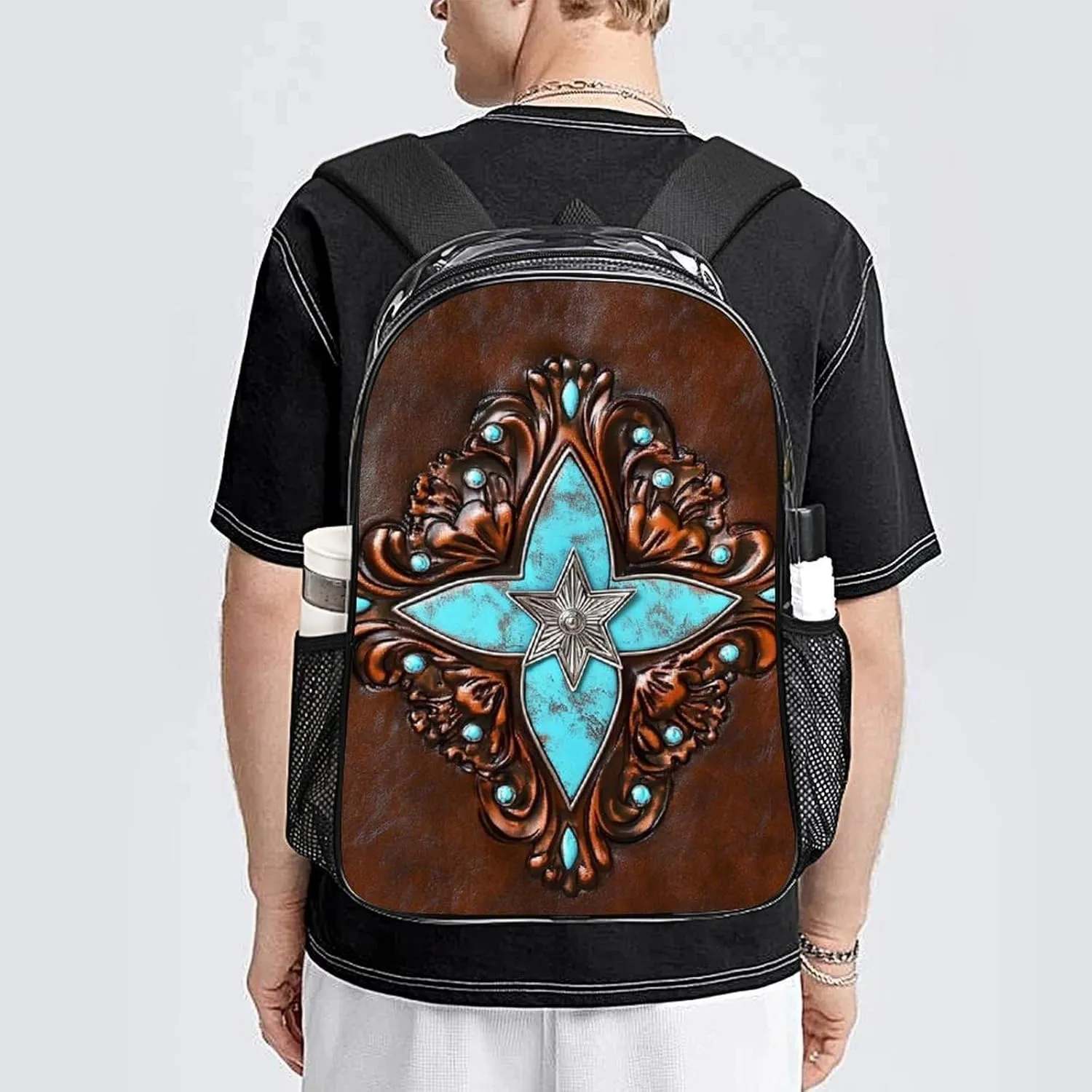 Primitive CowMan Western Country Brown Star Rustic Daypack Backpack Transparent Multipurpose Anti-Theft Shoulder Bag Big Capacity Gym Outdoor Hiking Backpack With Smooth Zippers