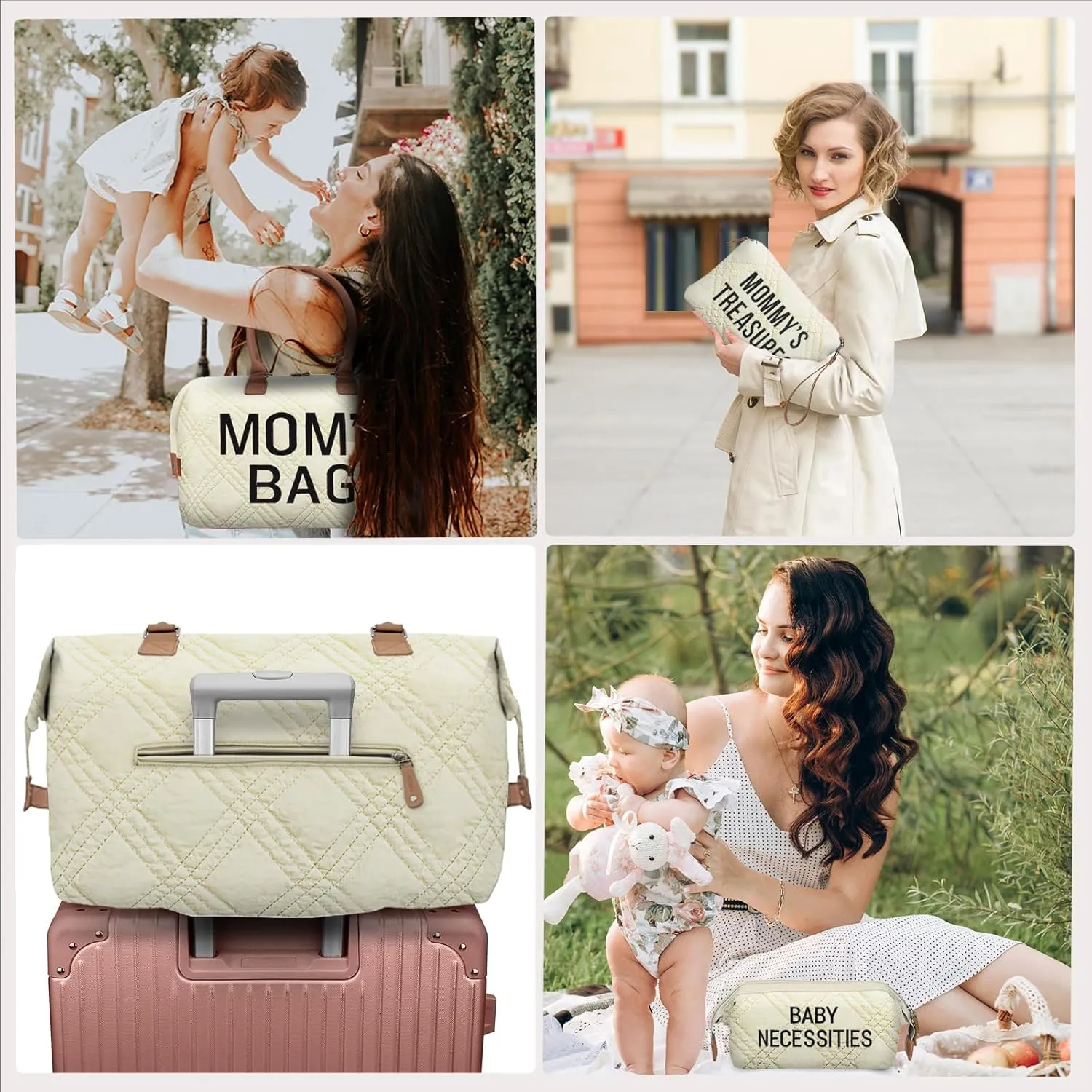 printe Diaper Bag Tote with 2 Organizers, Large Mommy Bag for Hospital & Travel Baby Diaper for Baby Care (Quilted Embroidery-Beige)
