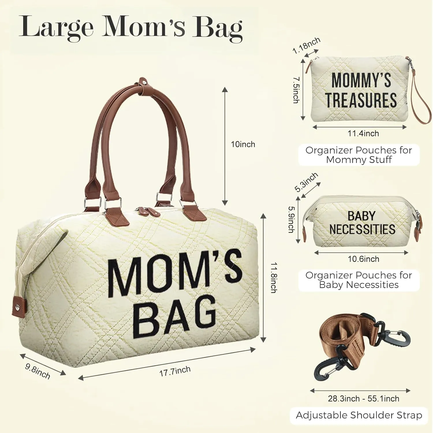 printe Diaper Bag Tote with 2 Organizers, Large Mommy Bag for Hospital & Travel Baby Diaper for Baby Care (Quilted Embroidery-Beige)