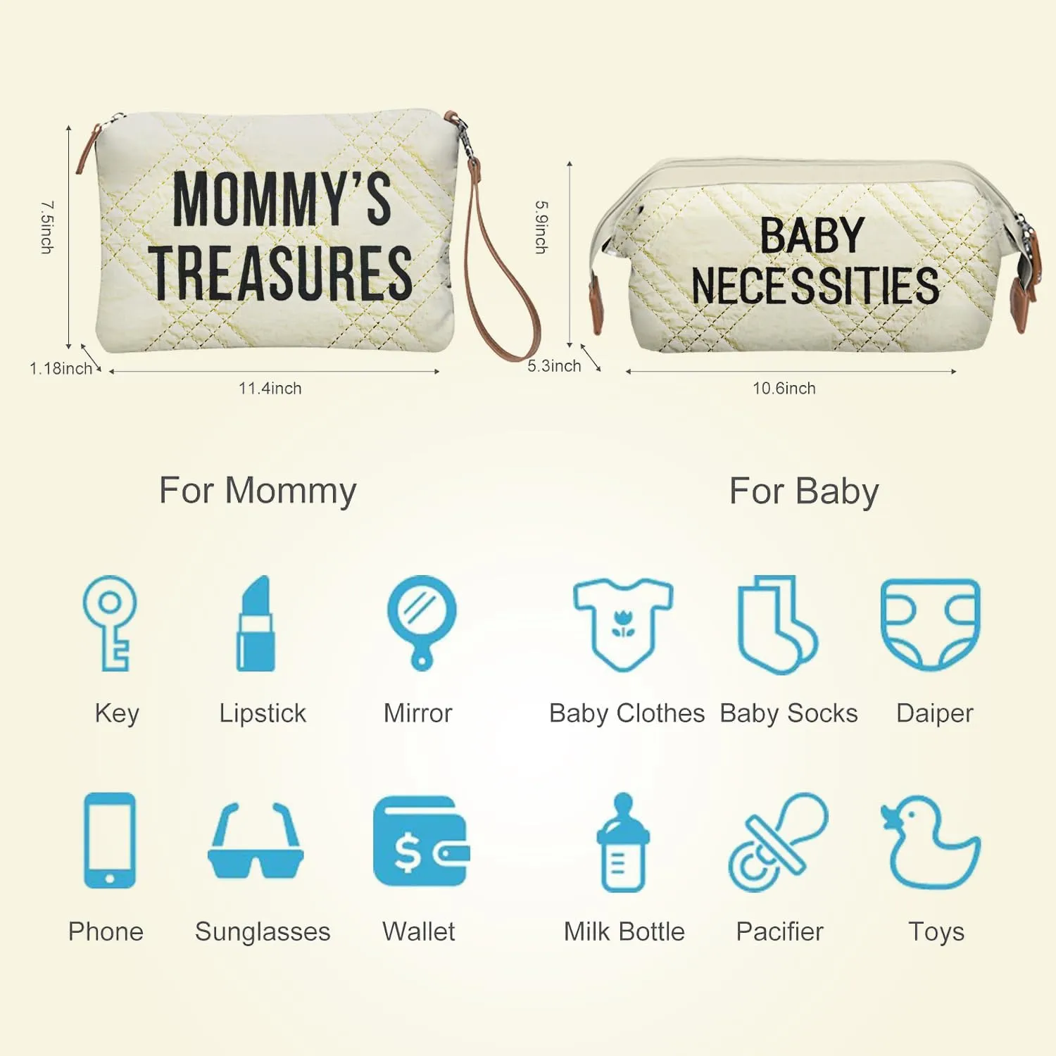 printe Diaper Bag Tote with 2 Organizers, Large Mommy Bag for Hospital & Travel Baby Diaper for Baby Care (Quilted Embroidery-Beige)