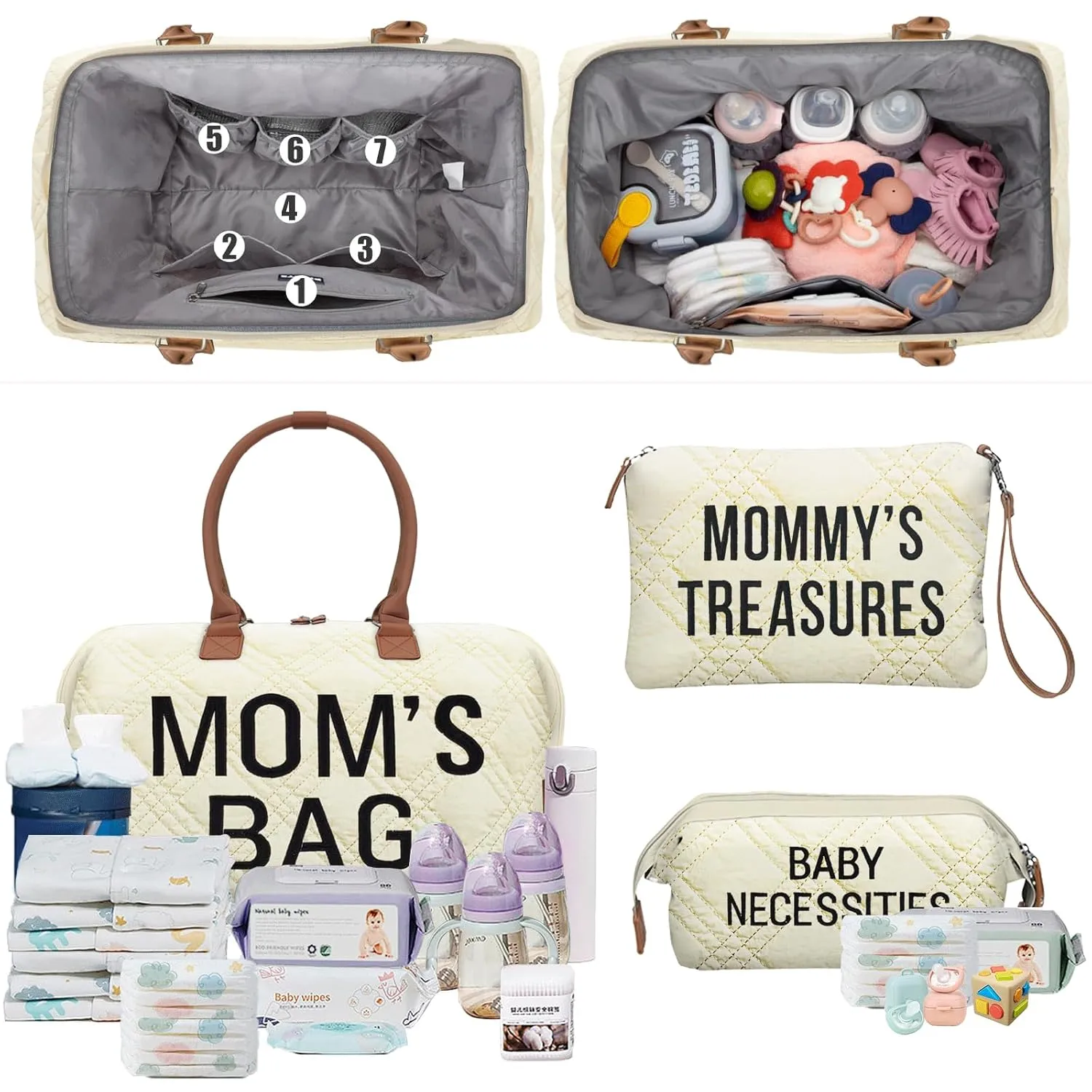 printe Diaper Bag Tote with 2 Organizers, Large Mommy Bag for Hospital & Travel Baby Diaper for Baby Care (Quilted Embroidery-Beige)