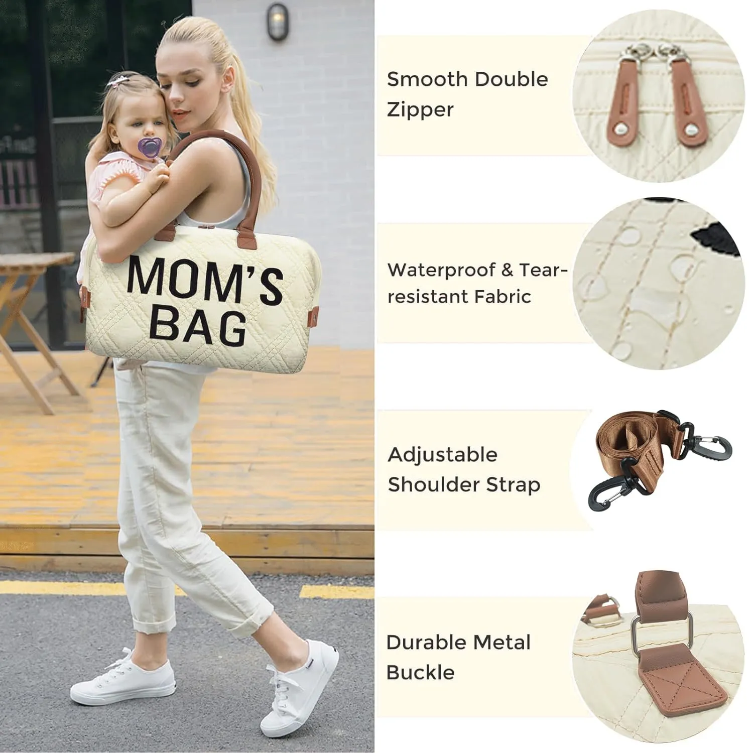 printe Diaper Bag Tote with 2 Organizers, Large Mommy Bag for Hospital & Travel Baby Diaper for Baby Care (Quilted Embroidery-Beige)