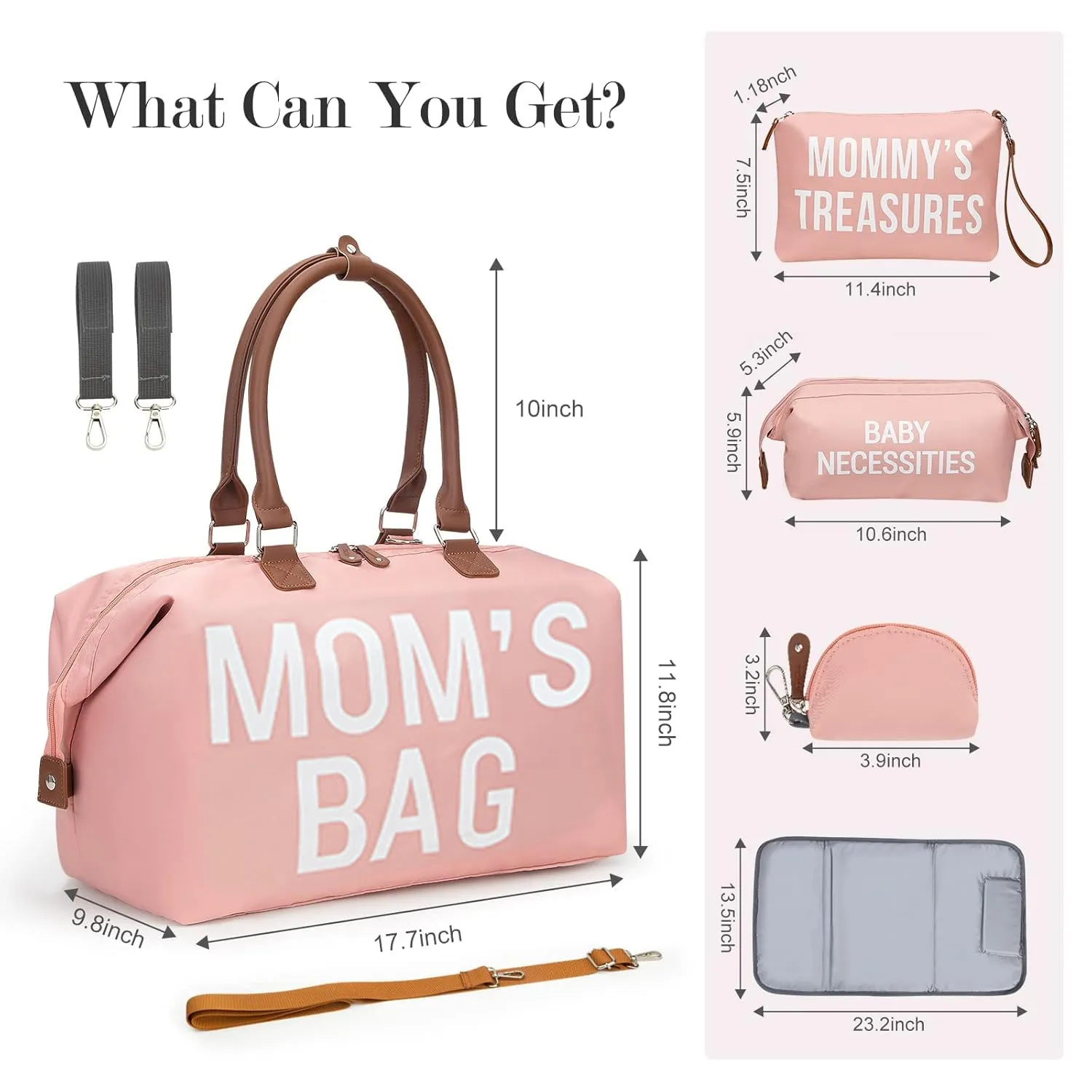 printe Large Diaper Bag Tote with Changing Pad, 2 Organized Pouches, Mom's Bag for Hospital with Pacifier Case, Straps, Stroller Hook, Hospital Weekender Travel Pink Baby Diaper Tote Bag