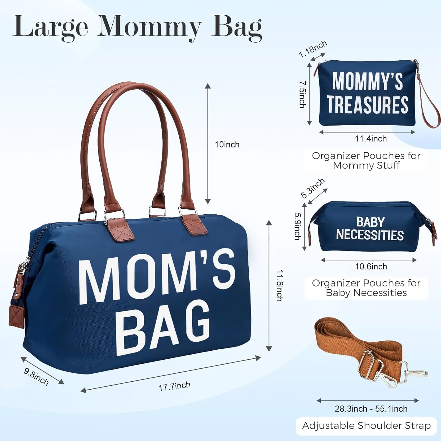 printe Mommy Diaper Bag Tote for Boys with 2 Organizer Pouches, Large Capacity Mom's Bag for Hospital and Weekender Travel, Functional Baby Diaper Bags, Navy