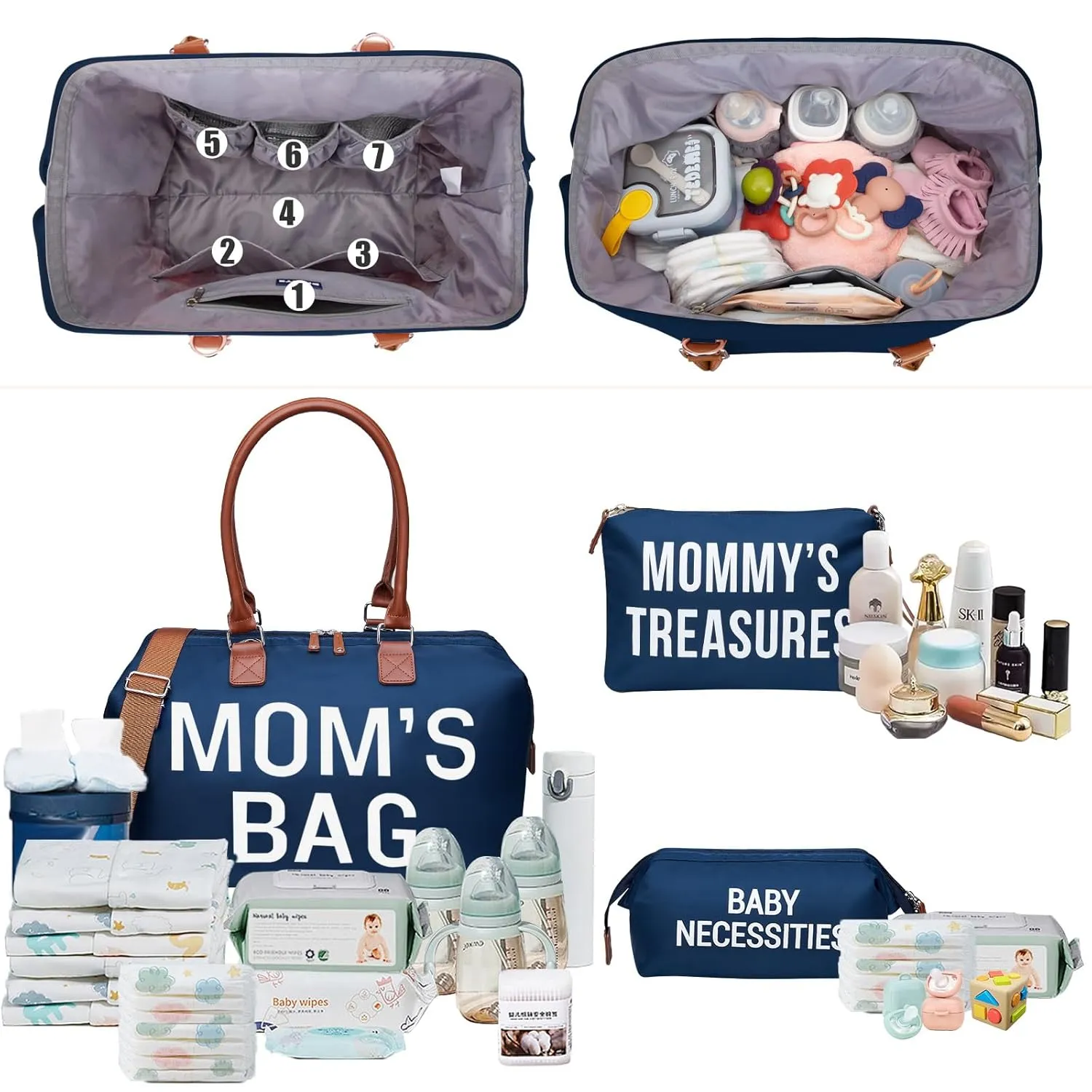 printe Mommy Diaper Bag Tote for Boys with 2 Organizer Pouches, Large Capacity Mom's Bag for Hospital and Weekender Travel, Functional Baby Diaper Bags, Navy