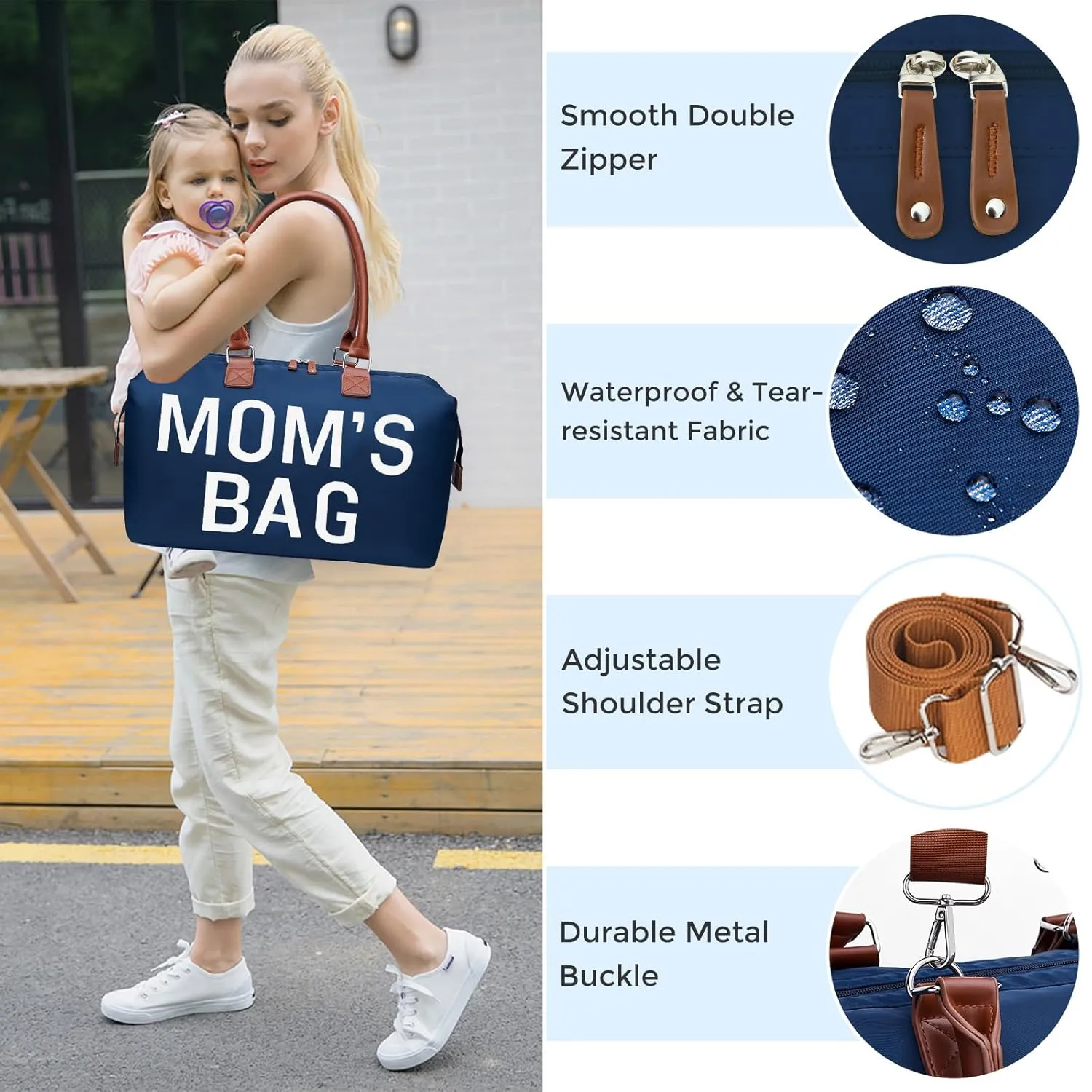 printe Mommy Diaper Bag Tote for Boys with 2 Organizer Pouches, Large Capacity Mom's Bag for Hospital and Weekender Travel, Functional Baby Diaper Bags, Navy
