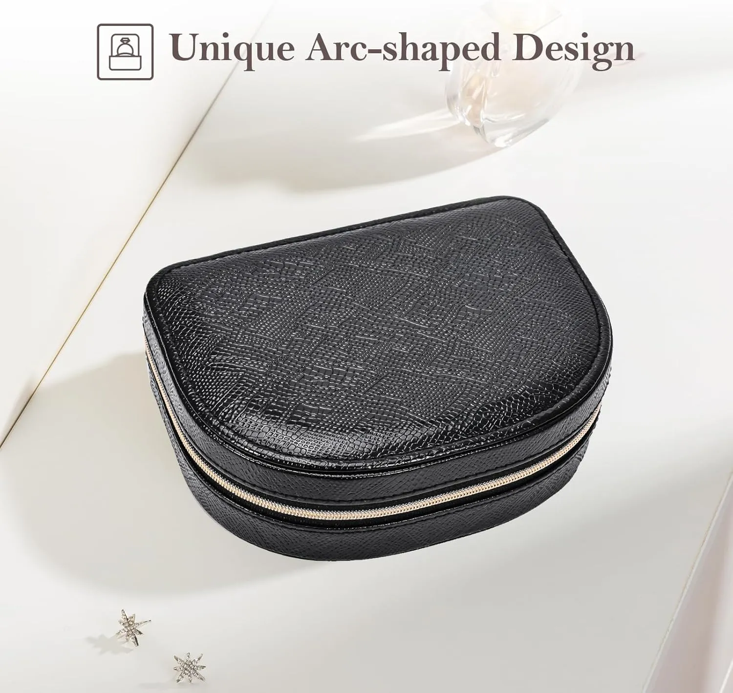 ProCase Travel Size Jewelry Box, Small Portable Seashell-Shaped Jewelry Case, 2 Layer Mini Jewelry Organizer in PU Leather for Women -Glossy Black