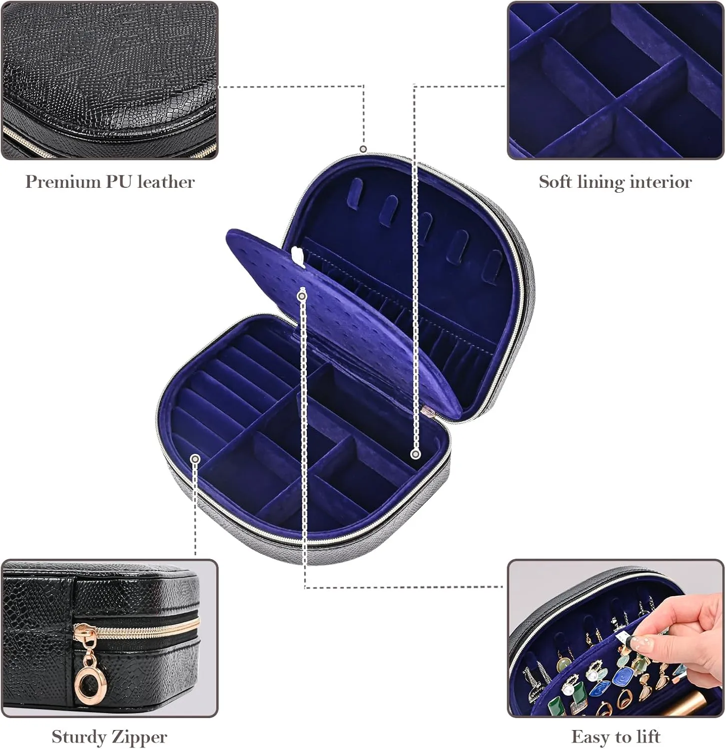 ProCase Travel Size Jewelry Box, Small Portable Seashell-Shaped Jewelry Case, 2 Layer Mini Jewelry Organizer in PU Leather for Women -Glossy Black