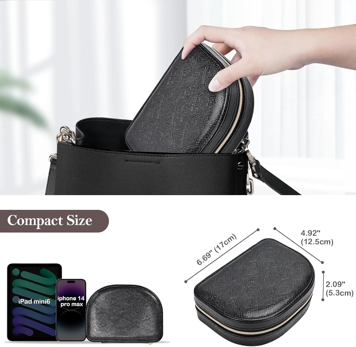 ProCase Travel Size Jewelry Box, Small Portable Seashell-Shaped Jewelry Case, 2 Layer Mini Jewelry Organizer in PU Leather for Women -Glossy Black