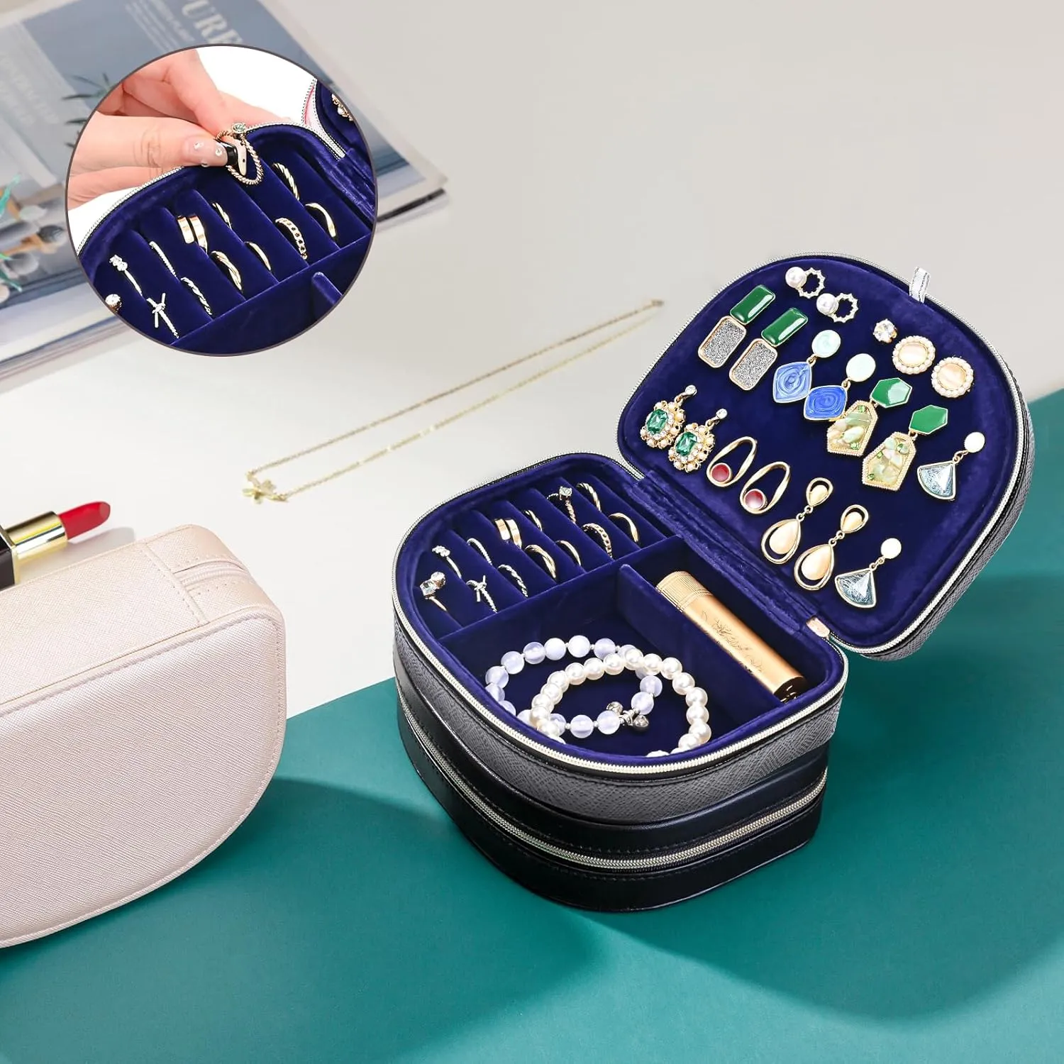 ProCase Travel Size Jewelry Box, Small Portable Seashell-Shaped Jewelry Case, 2 Layer Mini Jewelry Organizer in PU Leather for Women -Glossy Black