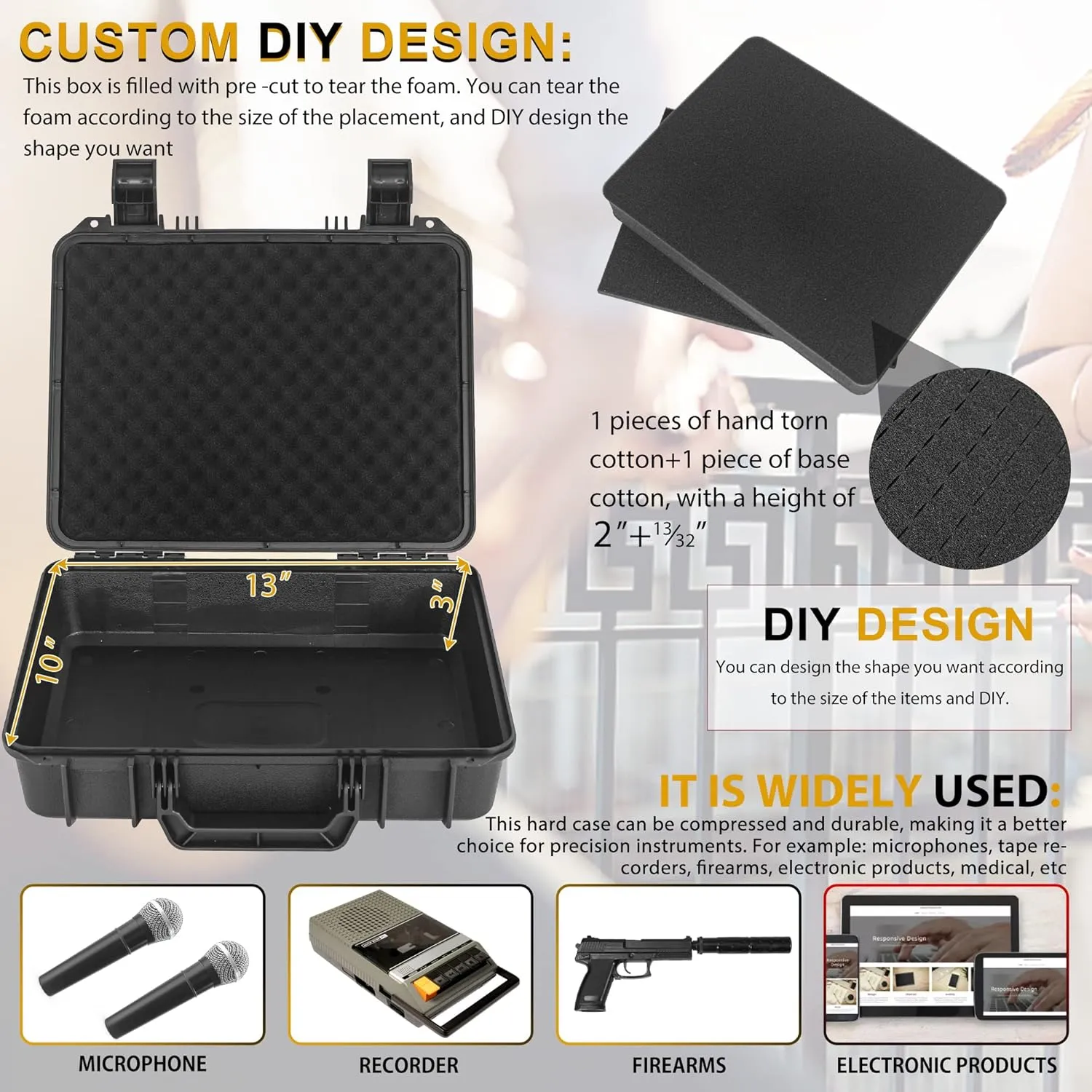 Protective Hard Case Shockproof Water-resistant with Customized DIY Foam Insert fit for Camera, etc, 14 X 11.5 X 3.7-Inch