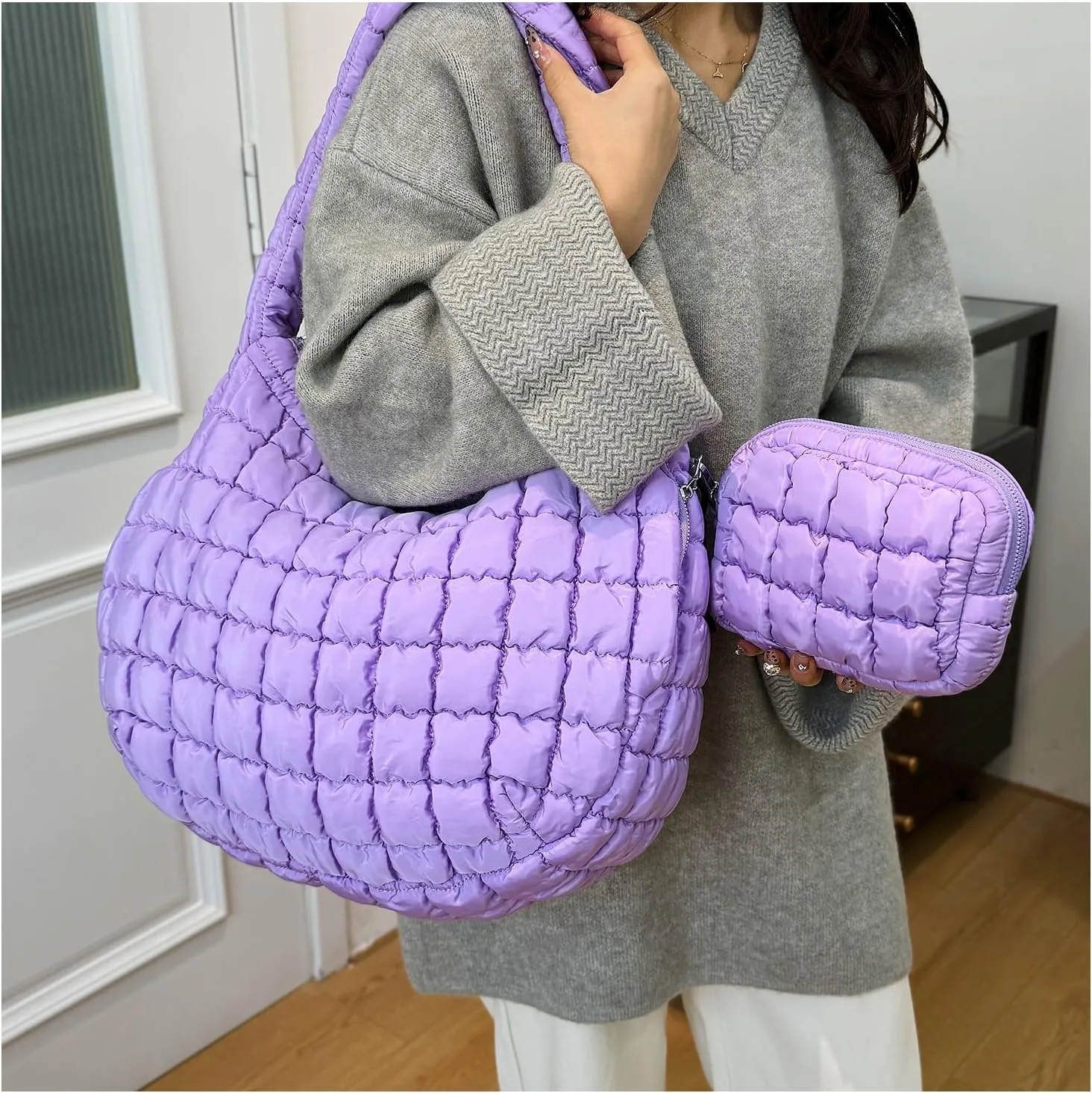 Puffer Tote Bag for Women Quilted Tote Bag Large Crossbody Bag Puffy Bag Lightweight Carryall Bag for Women