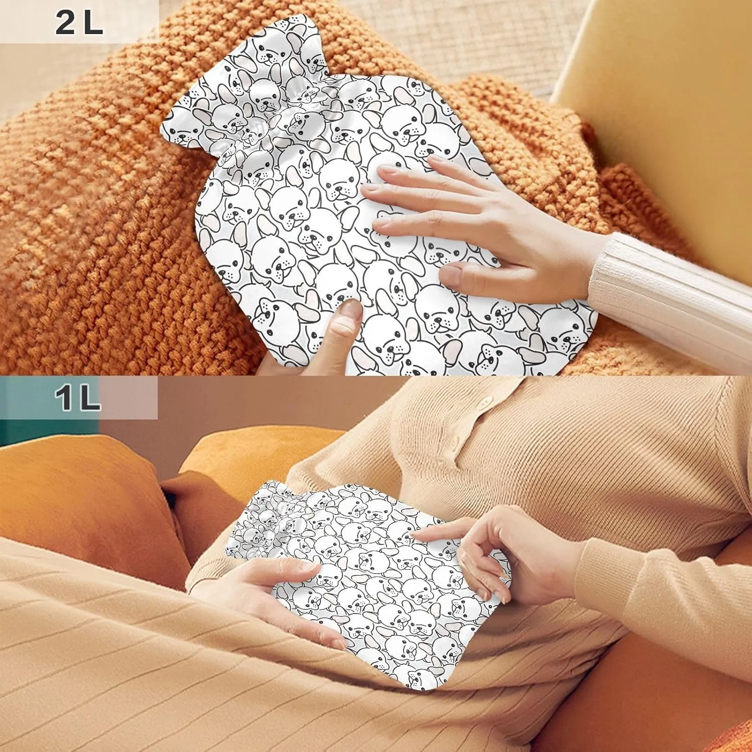 Puppy Faces White Classic Hot Water Bottle with Cover 2L Reusable Hot Water Bag Warm Water Bag for Neck, Shoulders and Legs Pain Relief, Menstrual Cramps