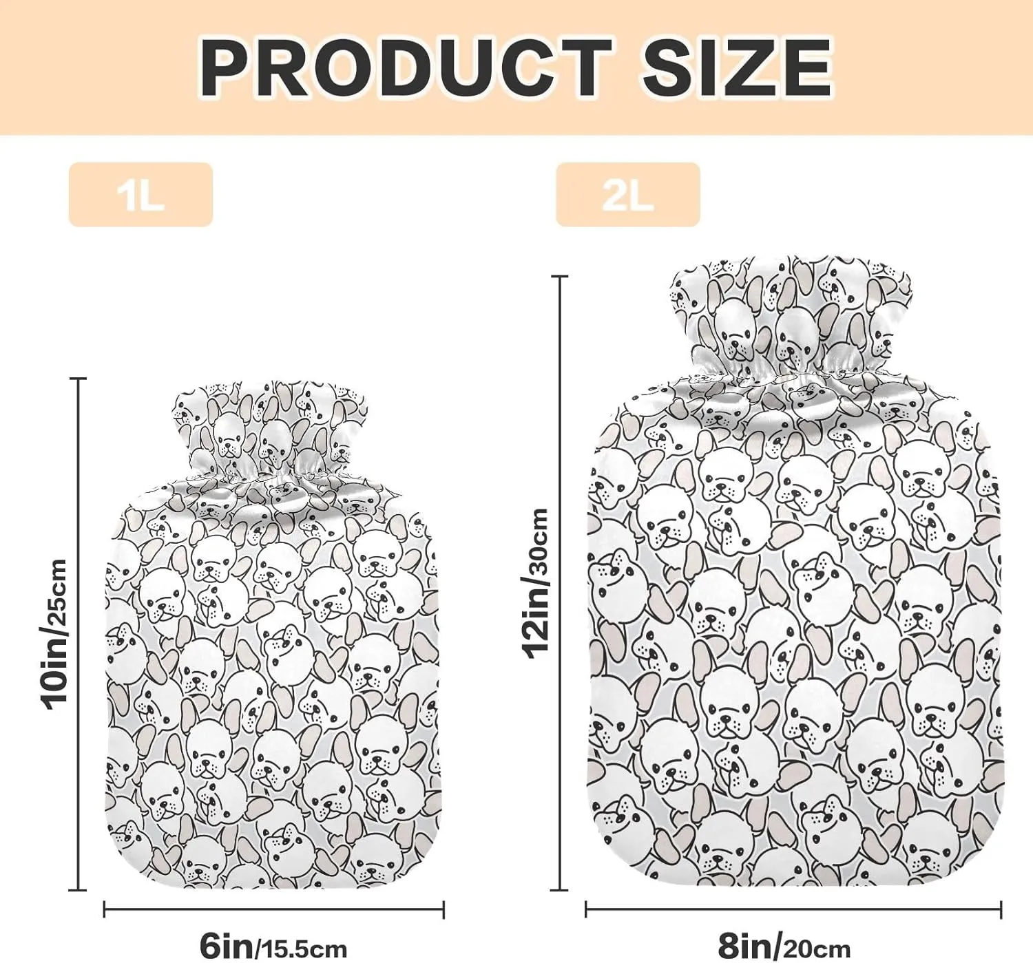 Puppy Faces White Classic Hot Water Bottle with Cover 2L Reusable Hot Water Bag Warm Water Bag for Neck, Shoulders and Legs Pain Relief, Menstrual Cramps