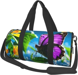 Purple butterfly Print Round Large Capacity Travel Luggage Bags,Men's and Women's Hand-Held Travel Clothing Bags