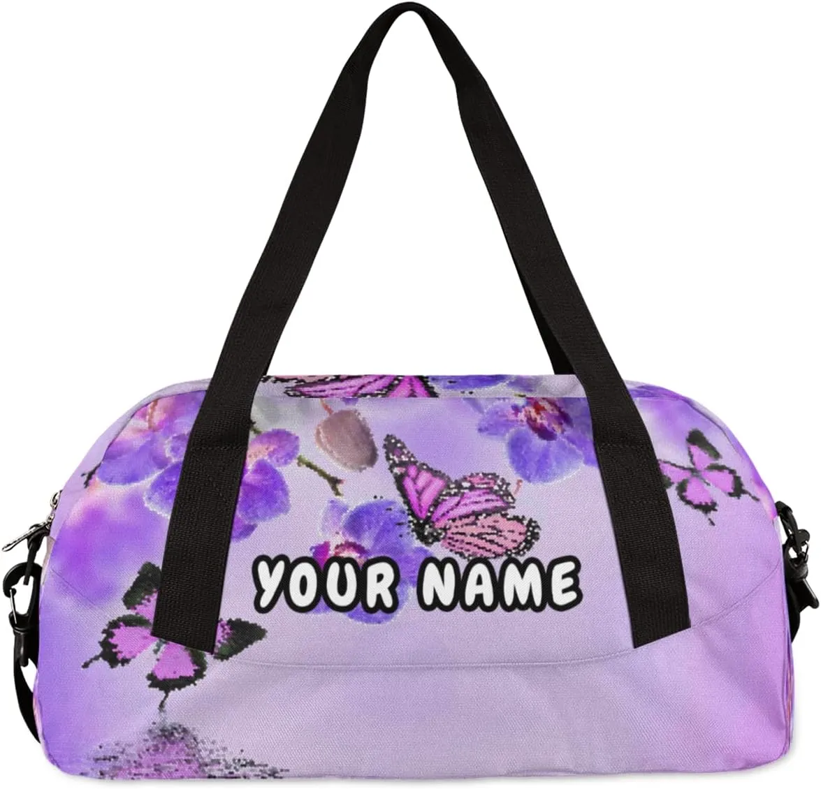 Purple Flower Butterfly Personalized Kids Duffel Bag for Girls, Butterfly Debris Custom Name Dance Bag Overnight Small Duffel Bag Carry On Sports Travel Bag for School Practice Gymnastics Ballet